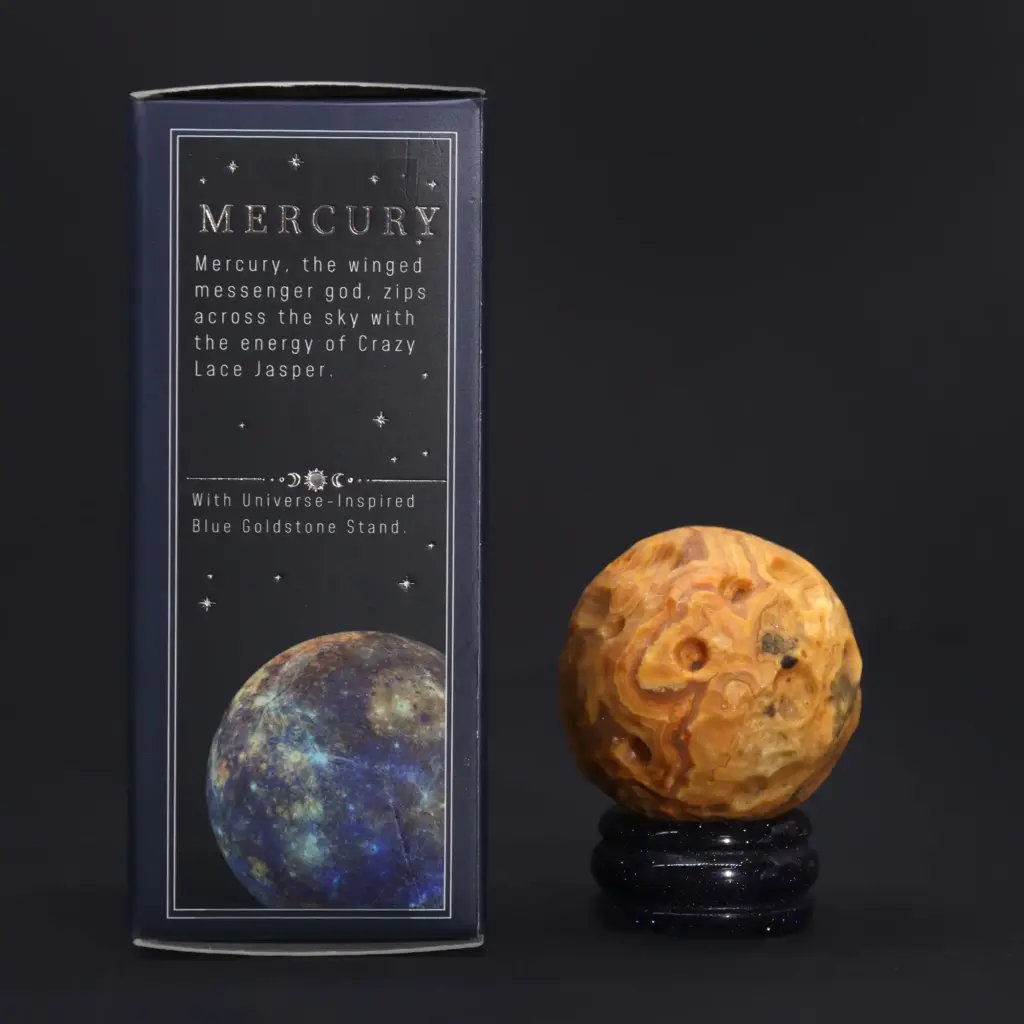 Crazy Lace Jasper Planet on a Sola Goldstone Stand (MERCURY) | www.artisangoods.co.uk