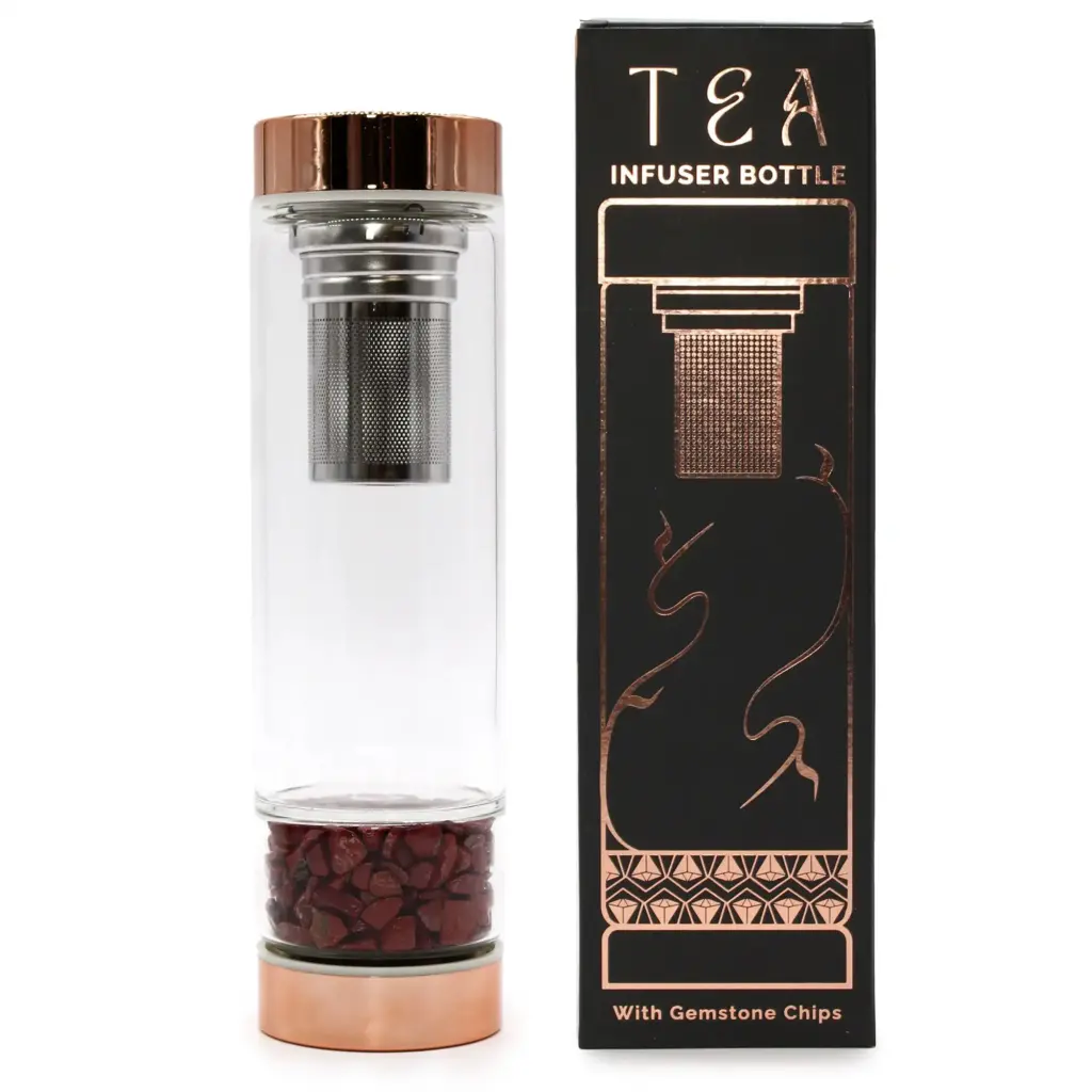 Crystal Glass Tea Infuser Bottle – Rose Gold – Red Jasper | www.artisangoods.co.uk Crystal Glass Tea Infuser Bottle – Rose Gold – Red Jasper | www.artisangoods.co.uk