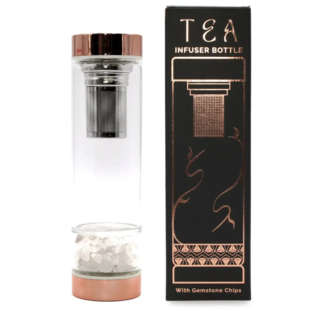 Crystal Glass Tea Infuser Bottle – Rose Gold – Rock Quartz | www.artisangoods.co.uk Crystal Glass Tea Infuser Bottle – Rose Gold – Rock Quartz | www.artisangoods.co.uk