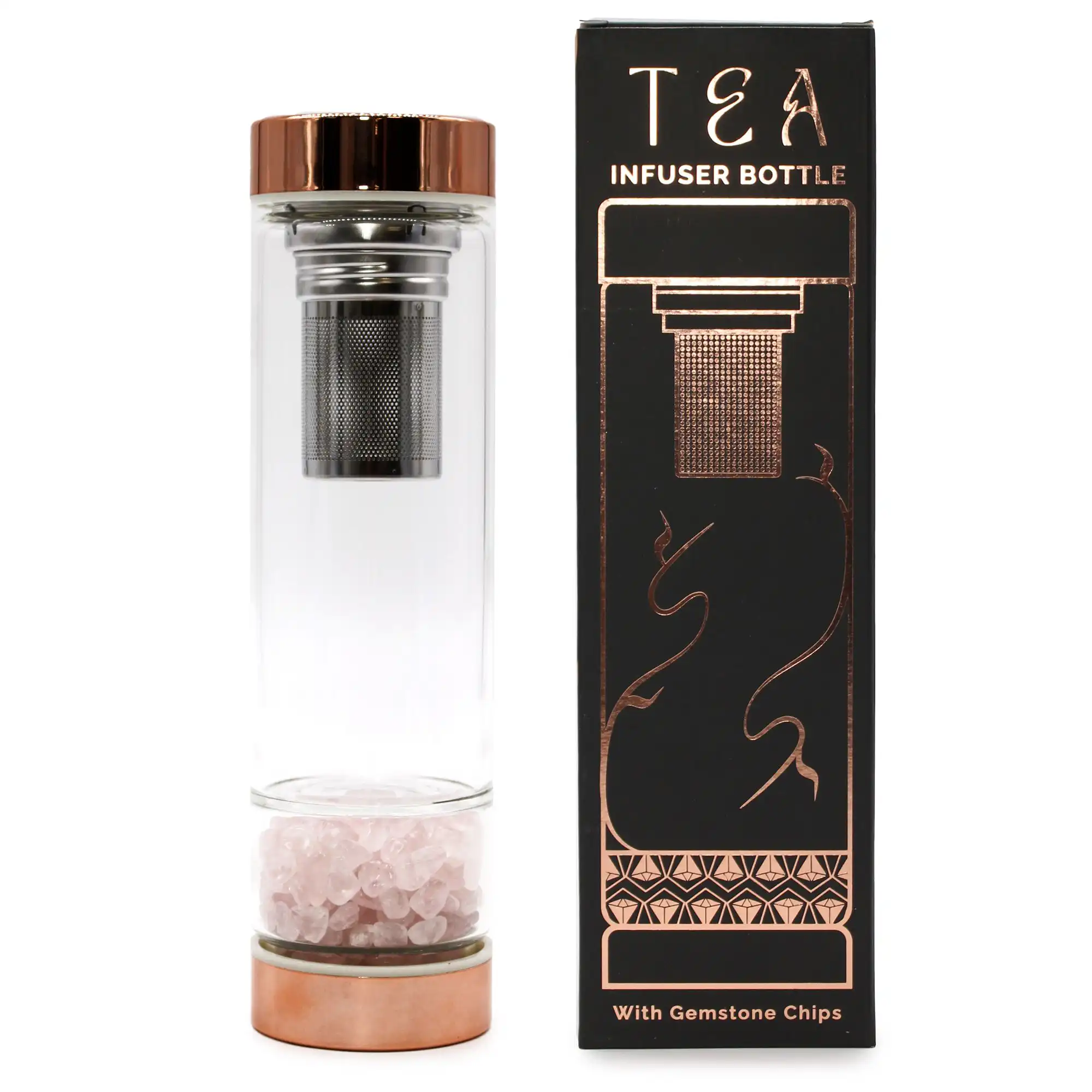 Crystal Glass Tea Infuser Bottle – Rose Gold – Rose Quartz | www.artisangoods.co.uk 2 Crystal Glass Tea Infuser Bottle – Rose Gold – Rose Quartz | www.artisangoods.co.uk 1