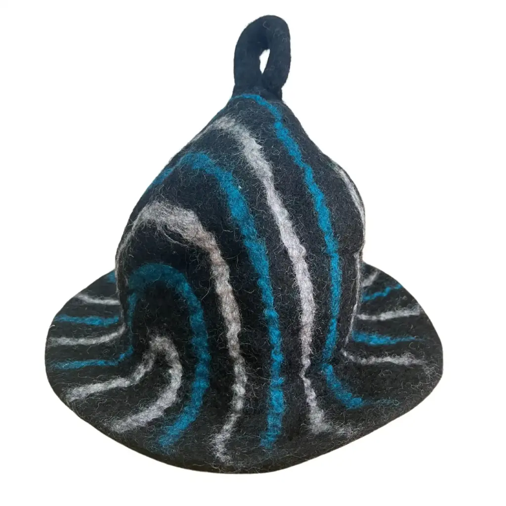 Felted Sauna Bowl Hat – Black Blue Streaks | www.artisangoods.co.uk