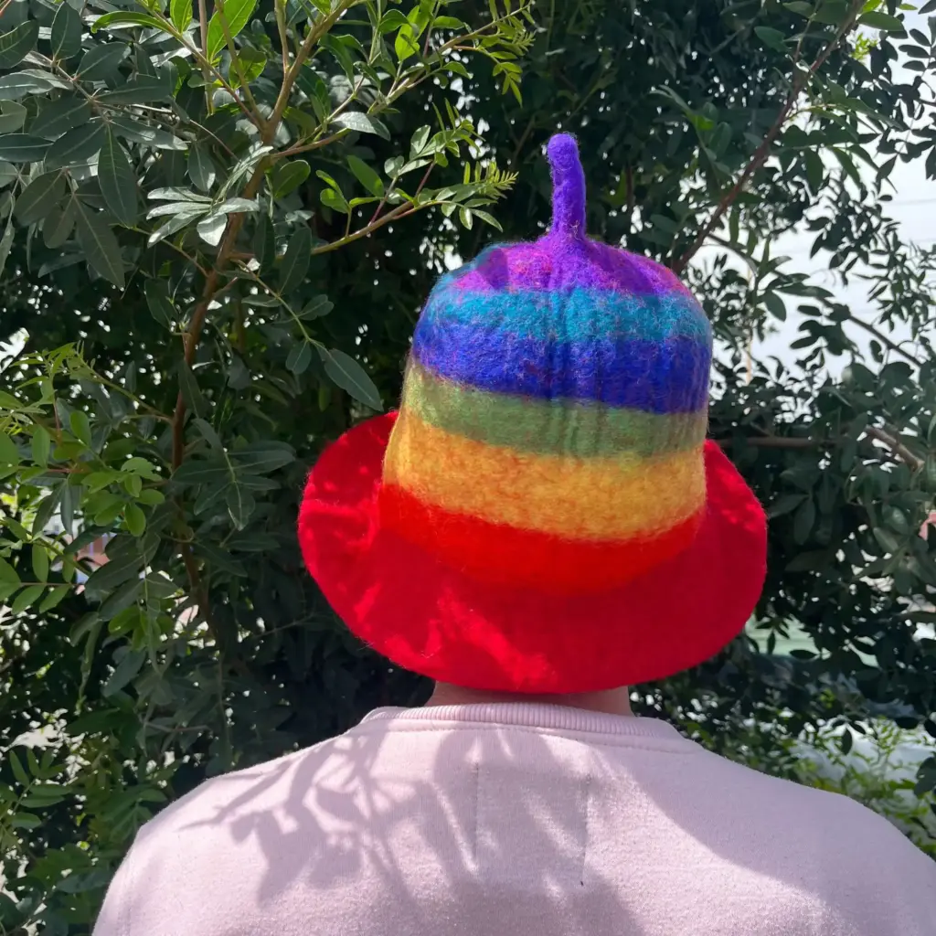 Felted Sauna Bowl Hat – Rainbow | www.artisangoods.co.uk