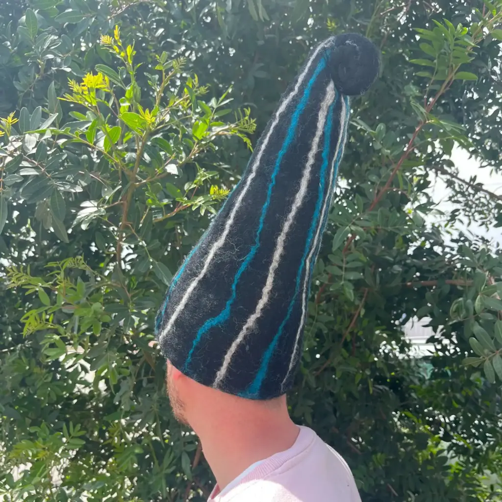 Felted Sauna Wizard Hat – Black Blue Streaks | www.artisangoods.co.uk