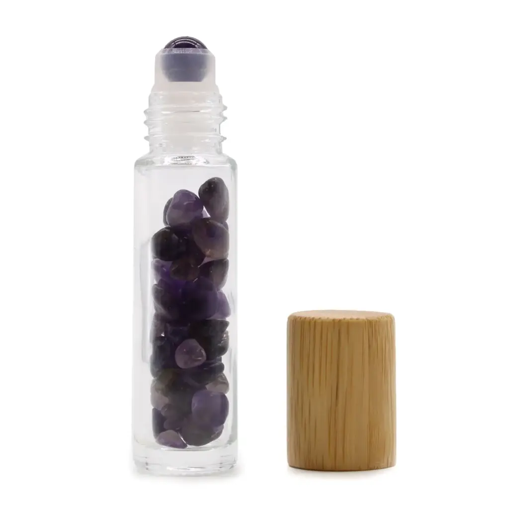 Gemstone Essential Oil Roller Bottle – Amethyst  – Wooden Cap | www.artisangoods.co.uk