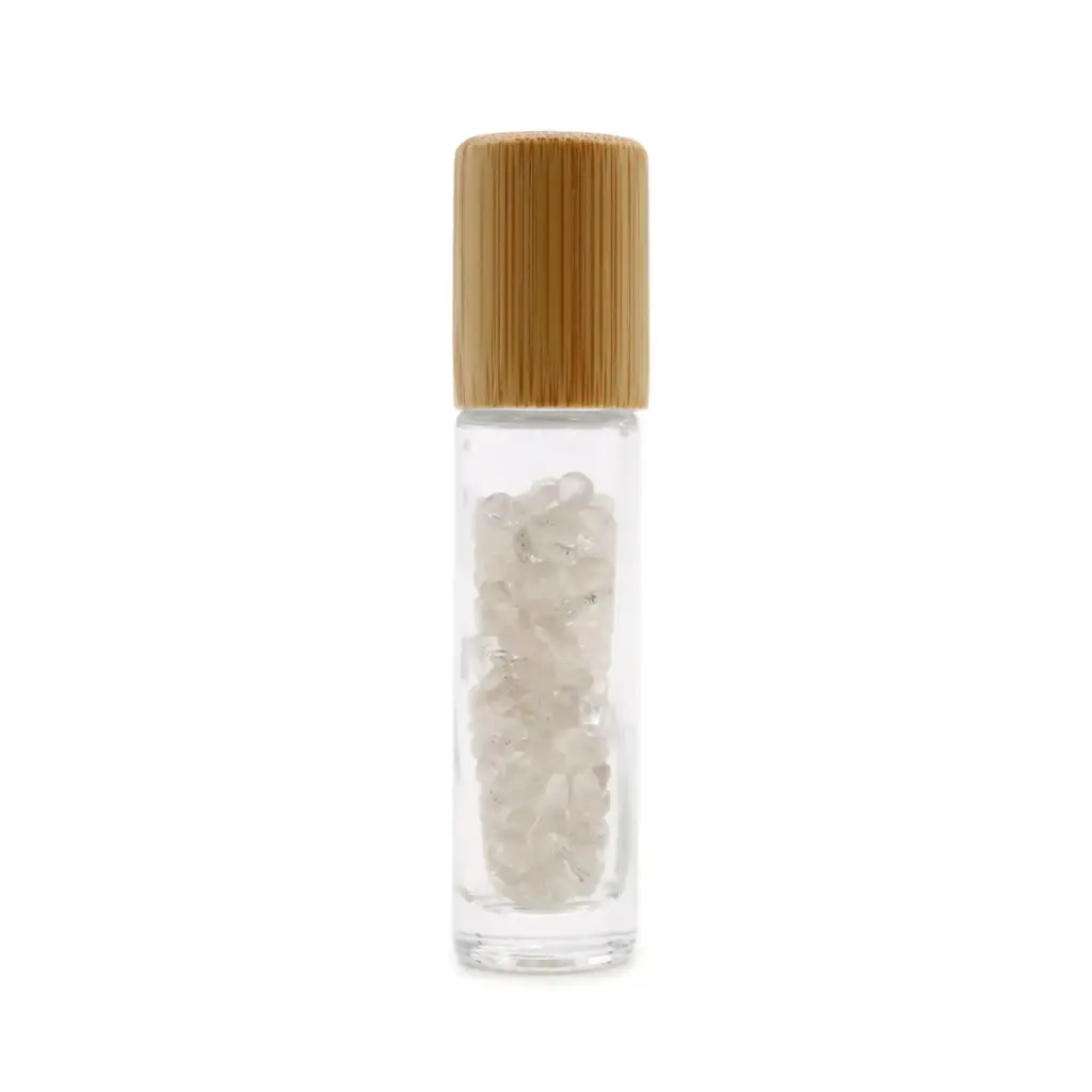 Gemstone Essential Oil Roller Bottle – Rock Quartz  – Wooden Cap | www.artisangoods.co.uk 3