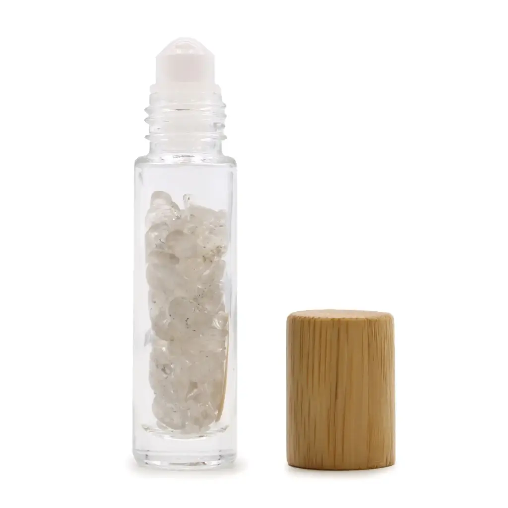Gemstone Essential Oil Roller Bottle – Rock Quartz  – Wooden Cap | www.artisangoods.co.uk