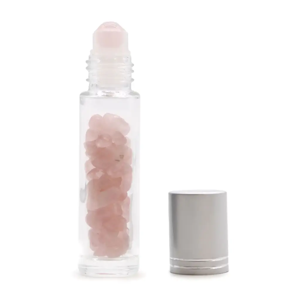 Gemstone Essential Oil Roller Bottle – Rose Quartz  – Silver Cap | www.artisangoods.co.uk
