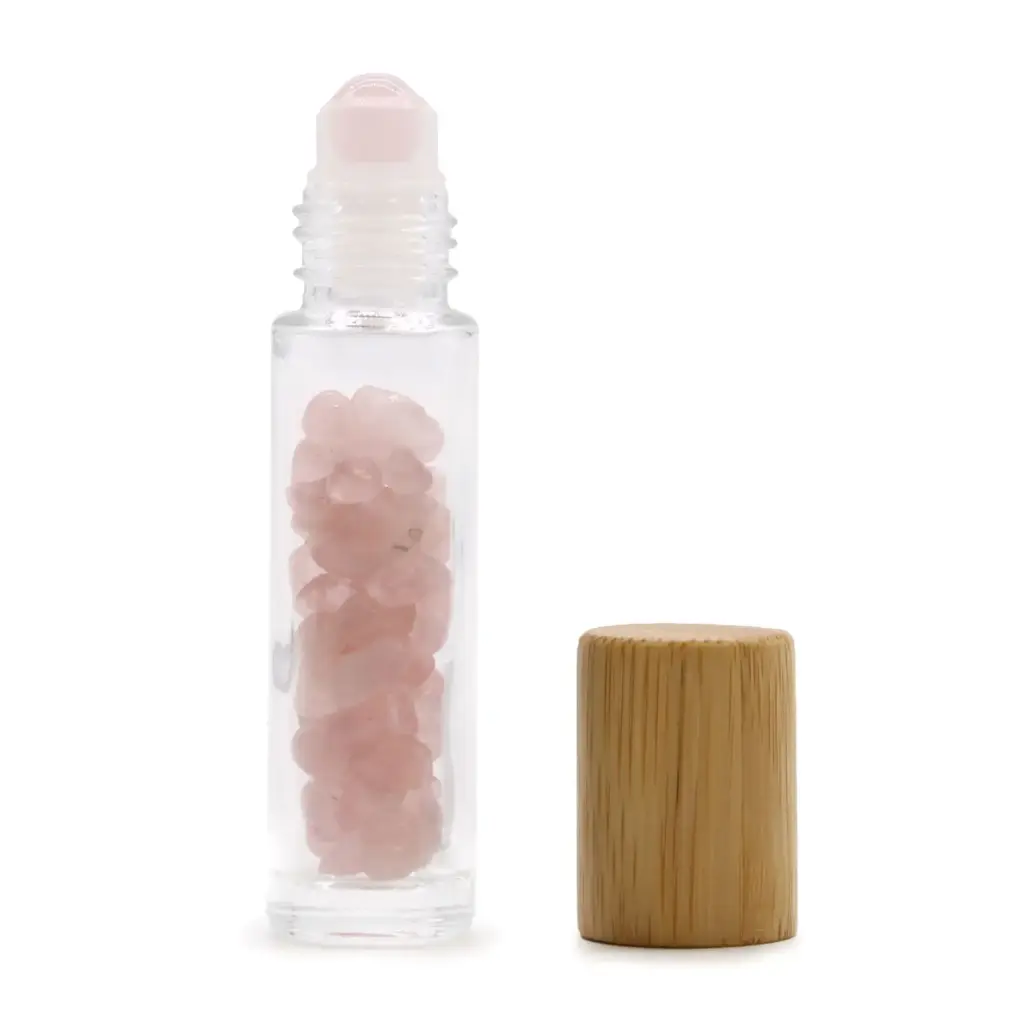 Gemstone Essential Oil Roller Bottle – Rose Quartz  – Wooden Cap | www.artisangoods.co.uk