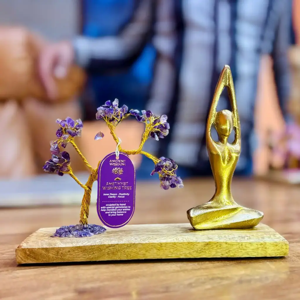 Gemstone Yoga Garden – Sukhasana Pose – Amethyst – Tilted Tree – 100 chipstones | www.artisangoods.co.uk