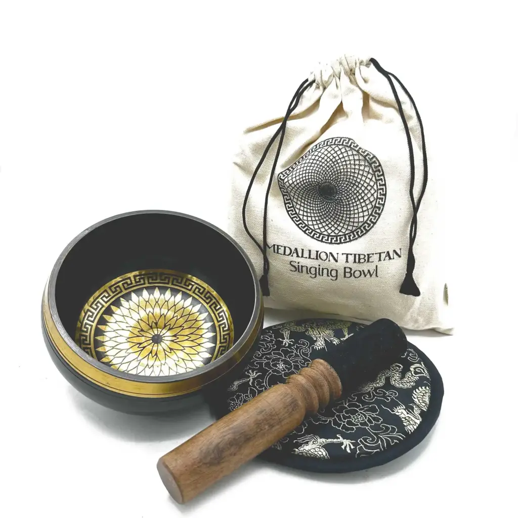 Hand Beaten & Engraved Singing Bowl Gift Set – 14cm – Round Medallions | www.artisangoods.co.uk 2
