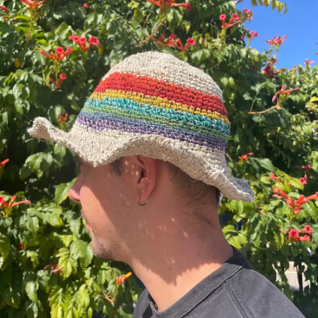 Hand-Knited Hemp & Cotton Boho Festival Hat – Rainbow | www.artisangoods.co.uk 2