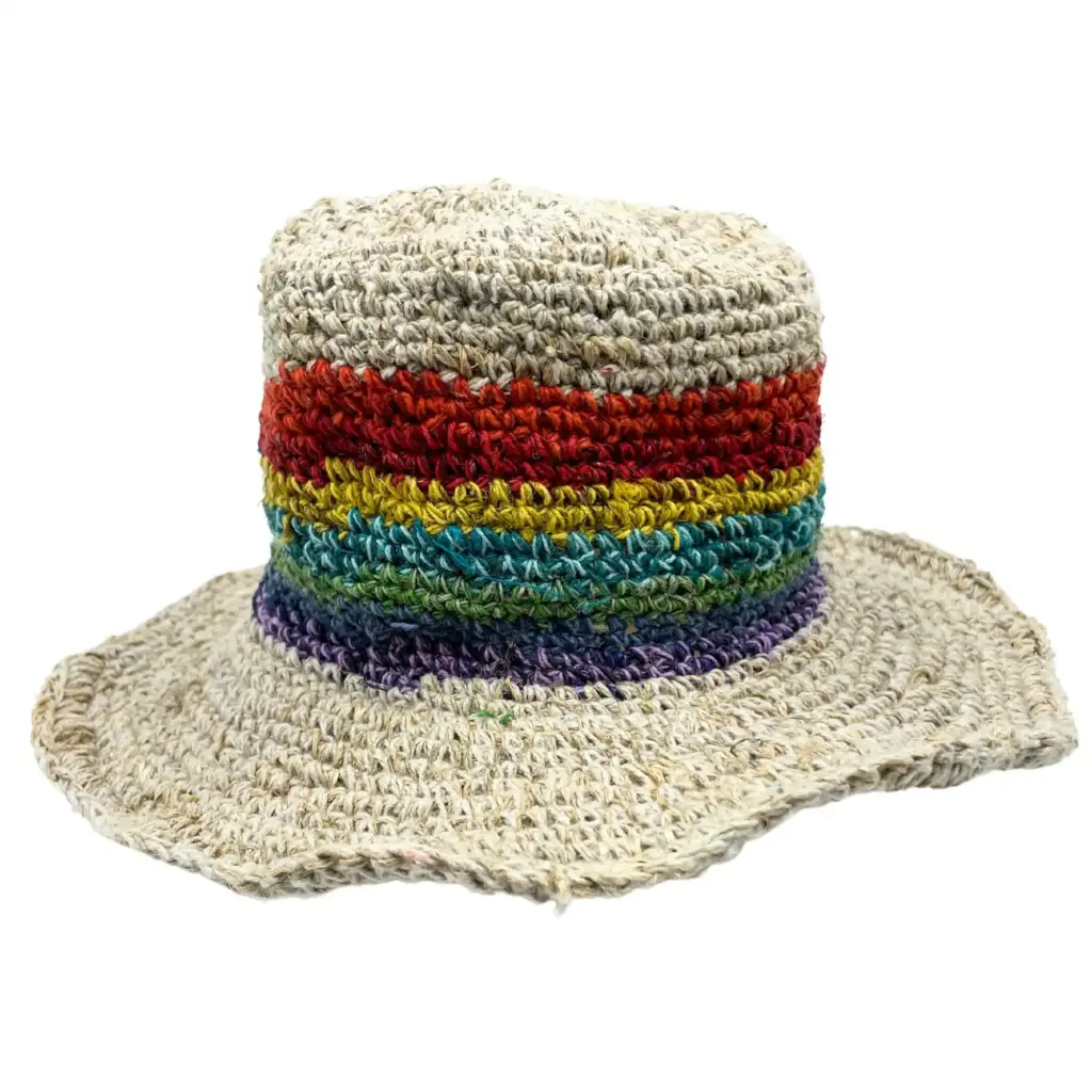 Hand-Knited Hemp & Cotton Boho Festival Hat – Rainbow | www.artisangoods.co.uk