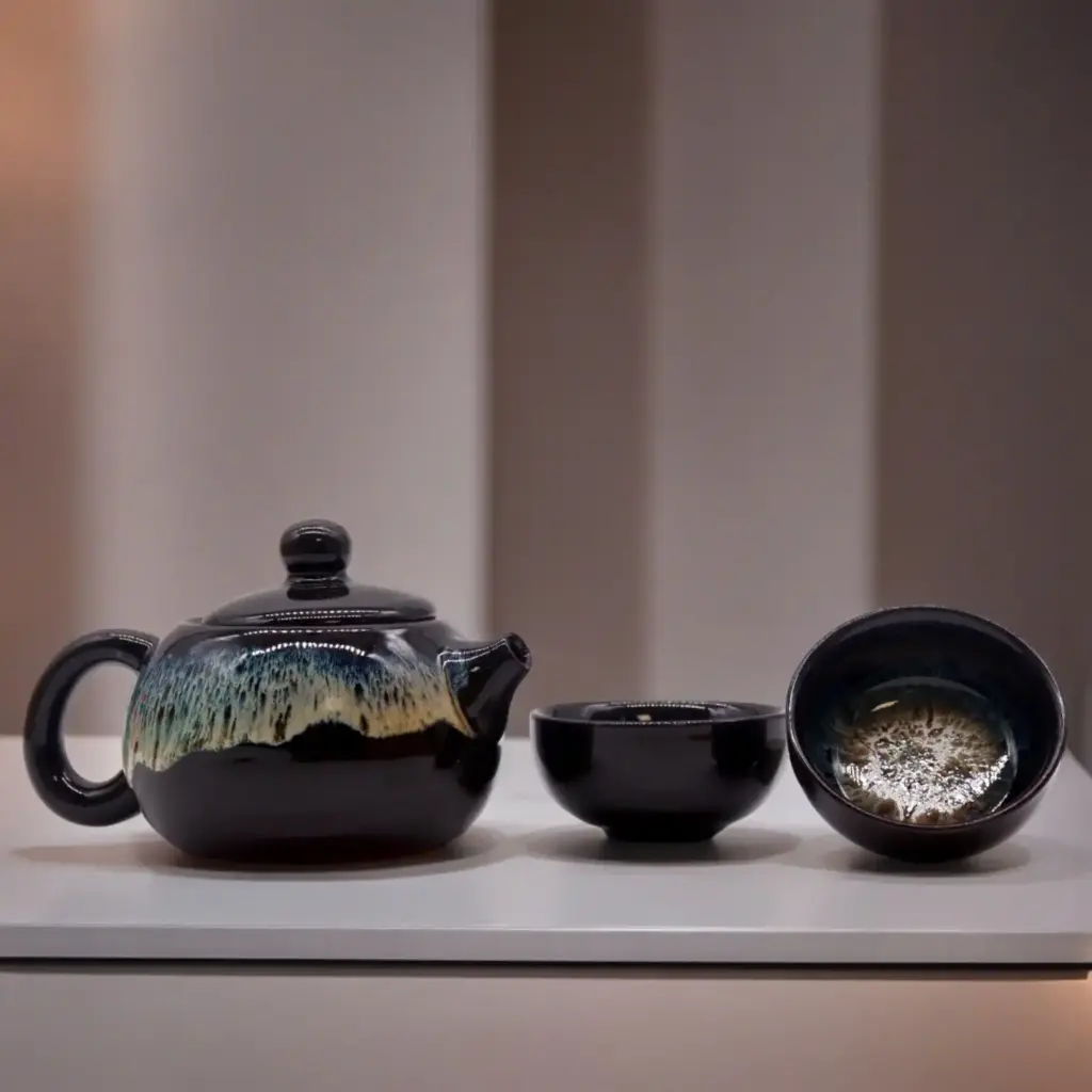 Herbal Black Glaze Teapot Set – Pot & Two Cups | www.artisangoods.co.uk