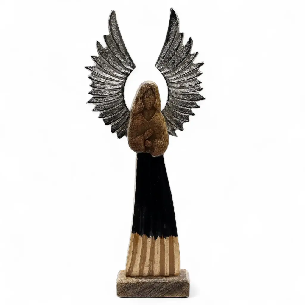 Large Mango Wood Gardian Angel Metal Wings & Enamel Detail | www.artisangoods.co.uk