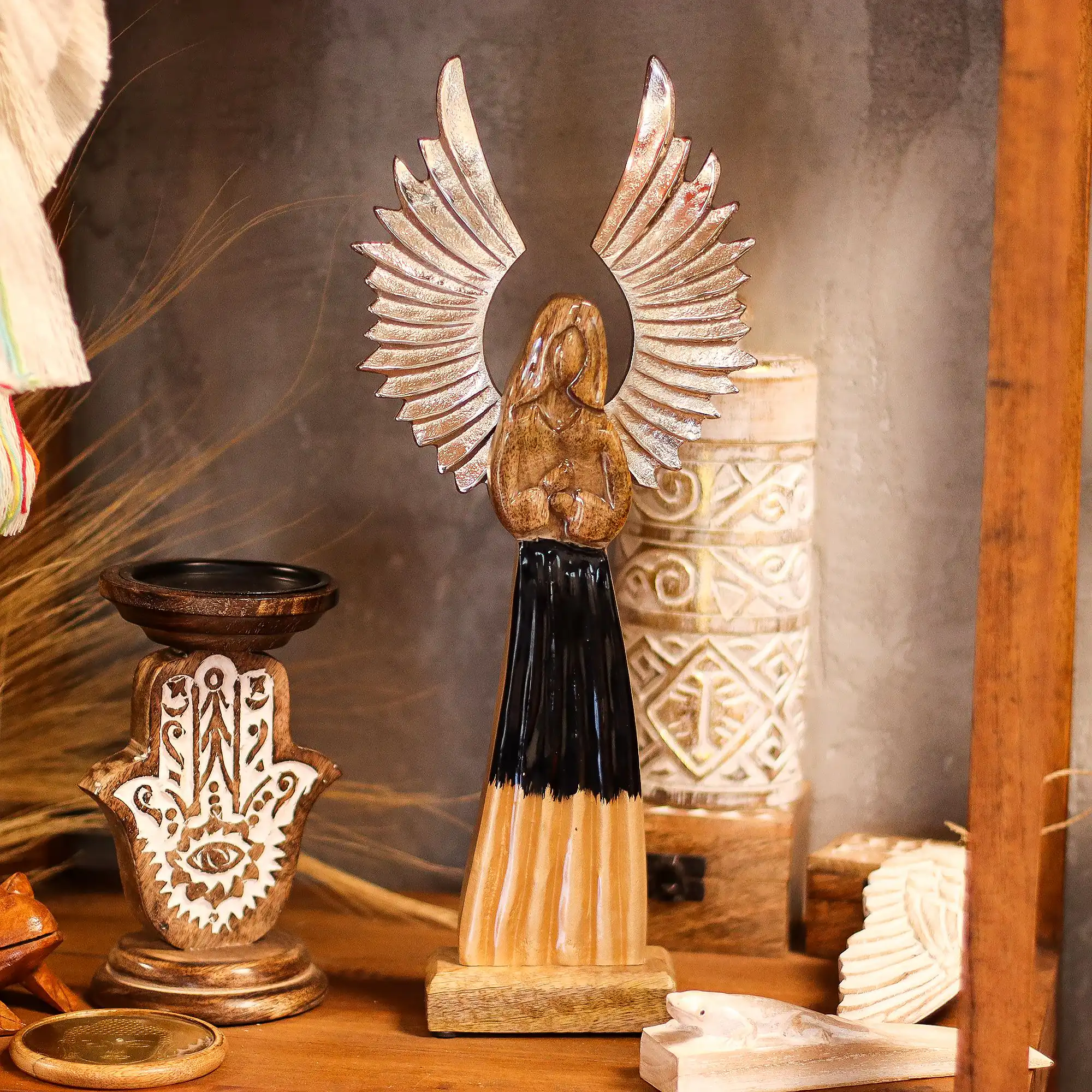 Large Mango Wood Gardian Angel Metal Wings & Enamel Detail | www.artisangoods.co.uk 9 Large Mango Wood Gardian Angel Metal Wings & Enamel Detail | www.artisangoods.co.uk 8