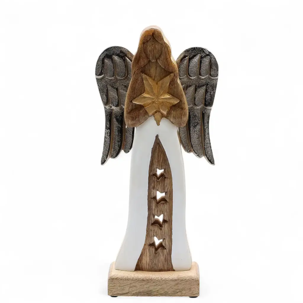 Large Mango Wood Star Angel Metal Wings & Enamel Detail | www.artisangoods.co.uk