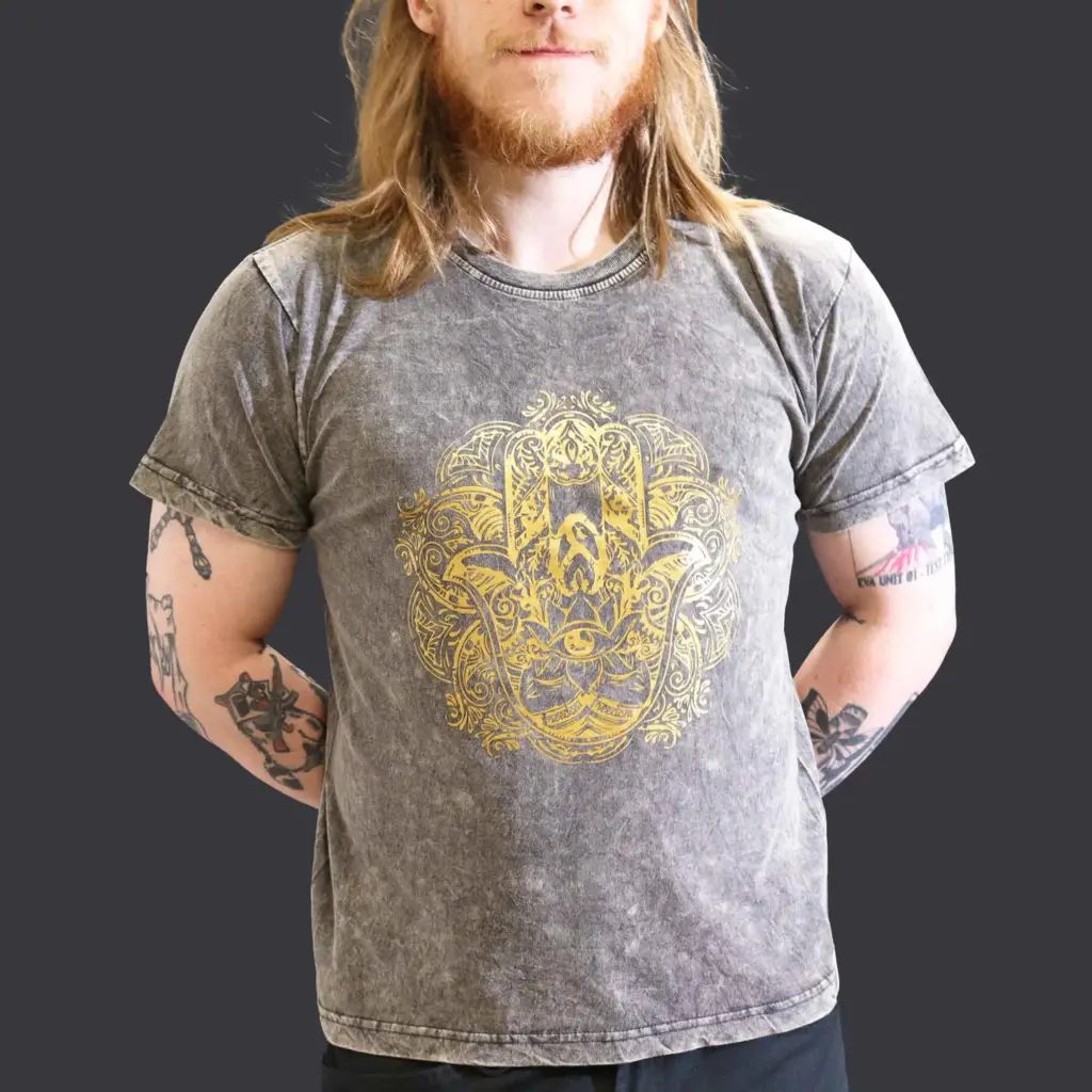 Large Stone Washed T-Shirt – Hamsa – Dark Grey | www.artisangoods.co.uk