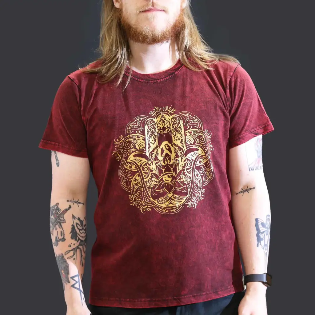 Large Stone Washed T-Shirt – Hamsa – Maroon | www.artisangoods.co.uk