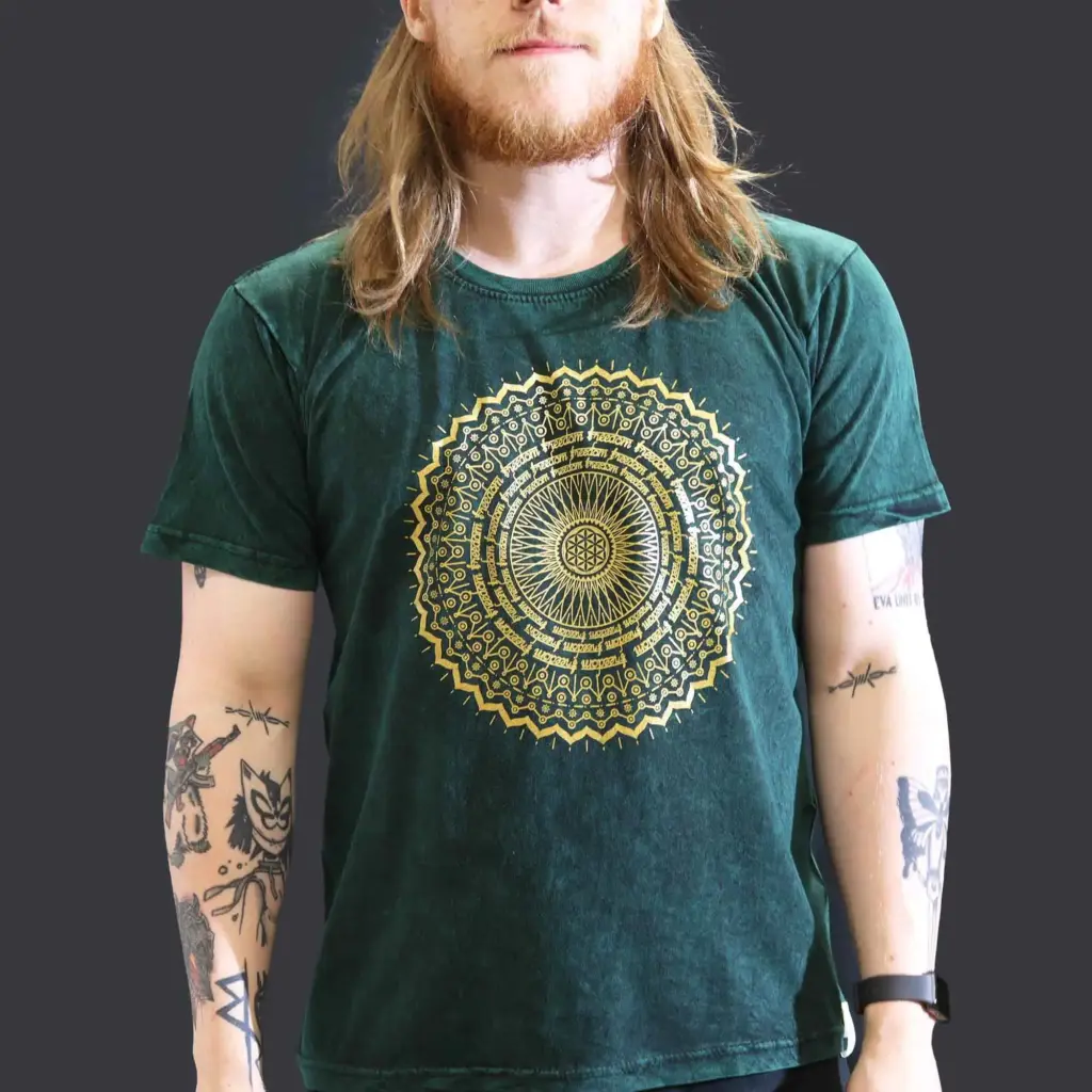 Large Stone Washed T-Shirt – Mandala – Green | www.artisangoods.co.uk