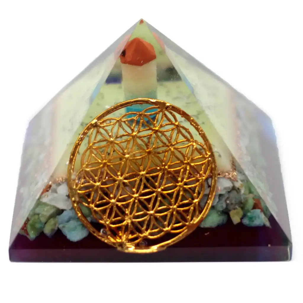 Lrg Organite Pyramid 80mm – Flower of life symbol | www.artisangoods.co.uk