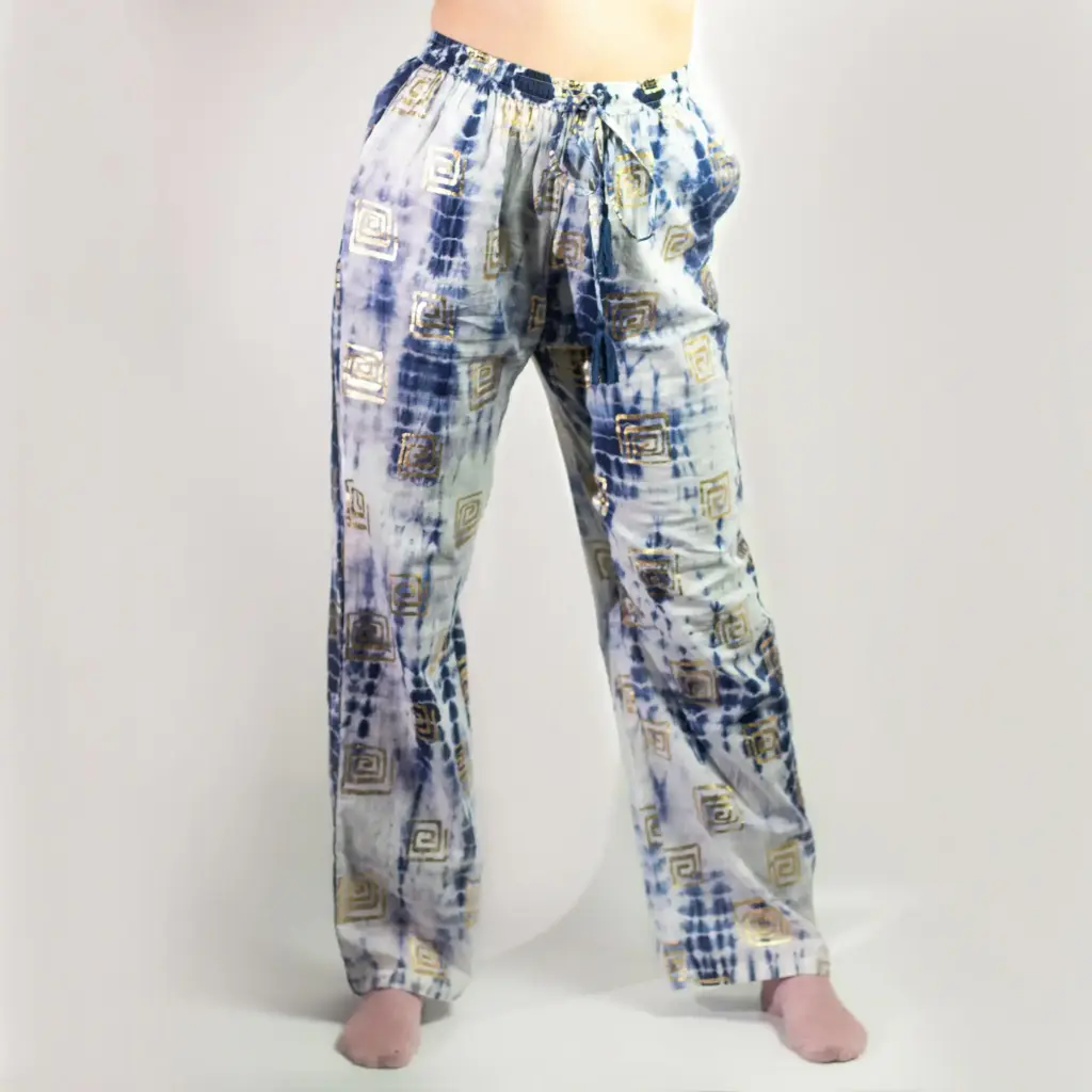 (LXL) Nomad Sari On the Med Collection – Lounge Pants – Gold & Blue Greek Motiff – Handpainted | www.artisangoods.co.uk 4 (LXL) Nomad Sari On the Med Collection – Lounge Pants – Gold & Blue Greek Motiff – Handpainted | www.artisangoods.co.uk 4