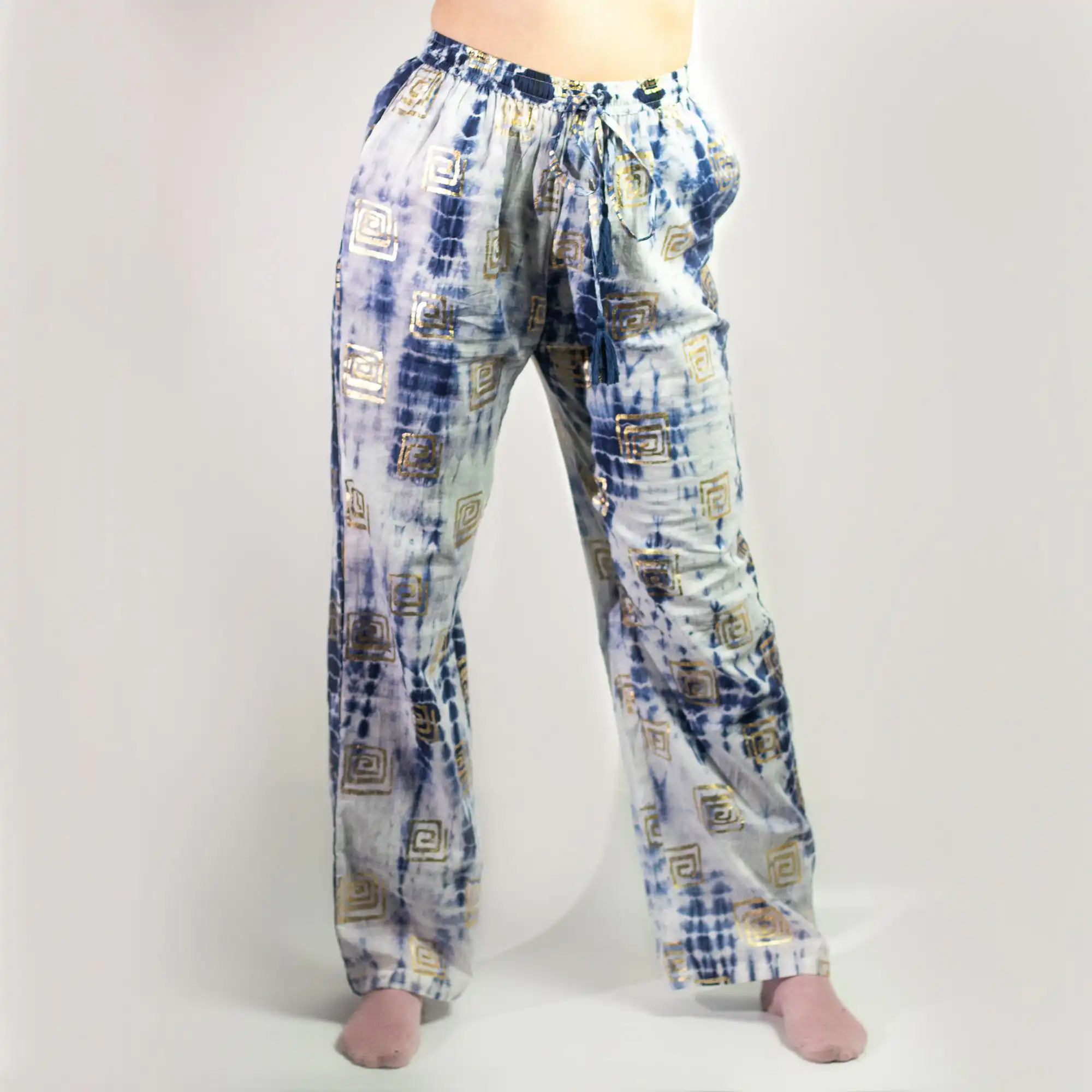 (LXL) Nomad Sari On the Med Collection – Lounge Pants – Gold & Blue Greek Motiff – Handpainted | www.artisangoods.co.uk 5 (LXL) Nomad Sari On the Med Collection – Lounge Pants – Gold & Blue Greek Motiff – Handpainted | www.artisangoods.co.uk 4