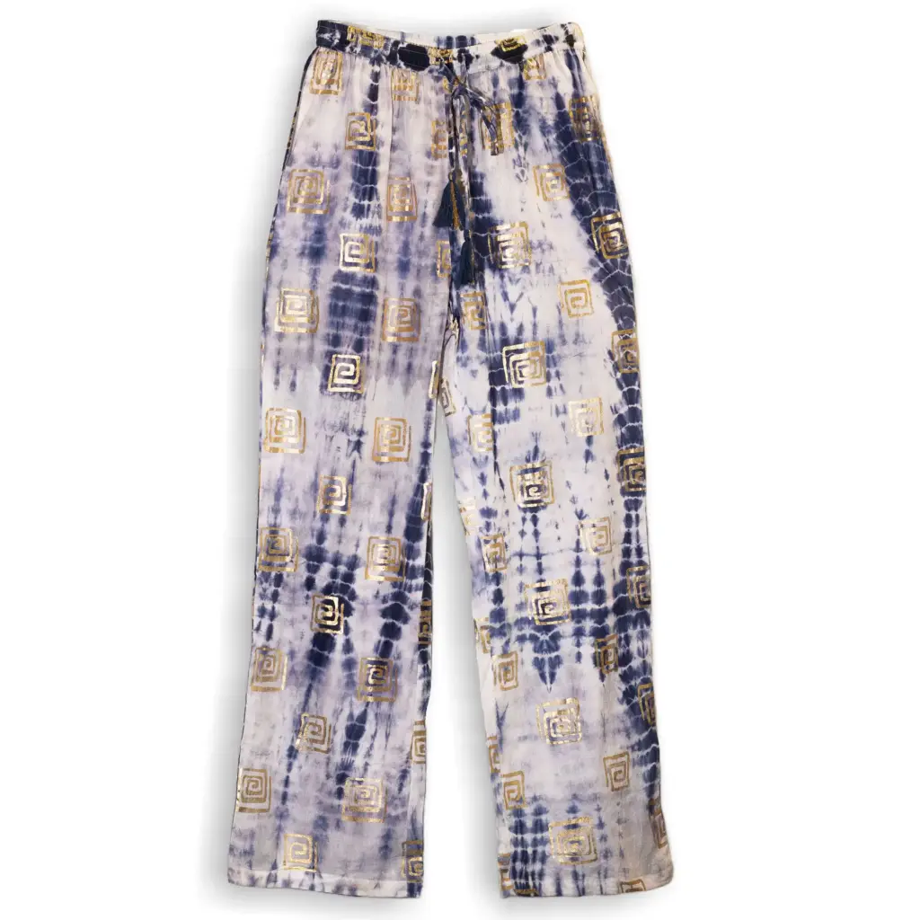 (LXL) Nomad Sari On the Med Collection – Lounge Pants – Gold & Blue Greek Motiff – Handpainted | www.artisangoods.co.uk 5 (LXL) Nomad Sari On the Med Collection – Lounge Pants – Gold & Blue Greek Motiff – Handpainted | www.artisangoods.co.uk 5