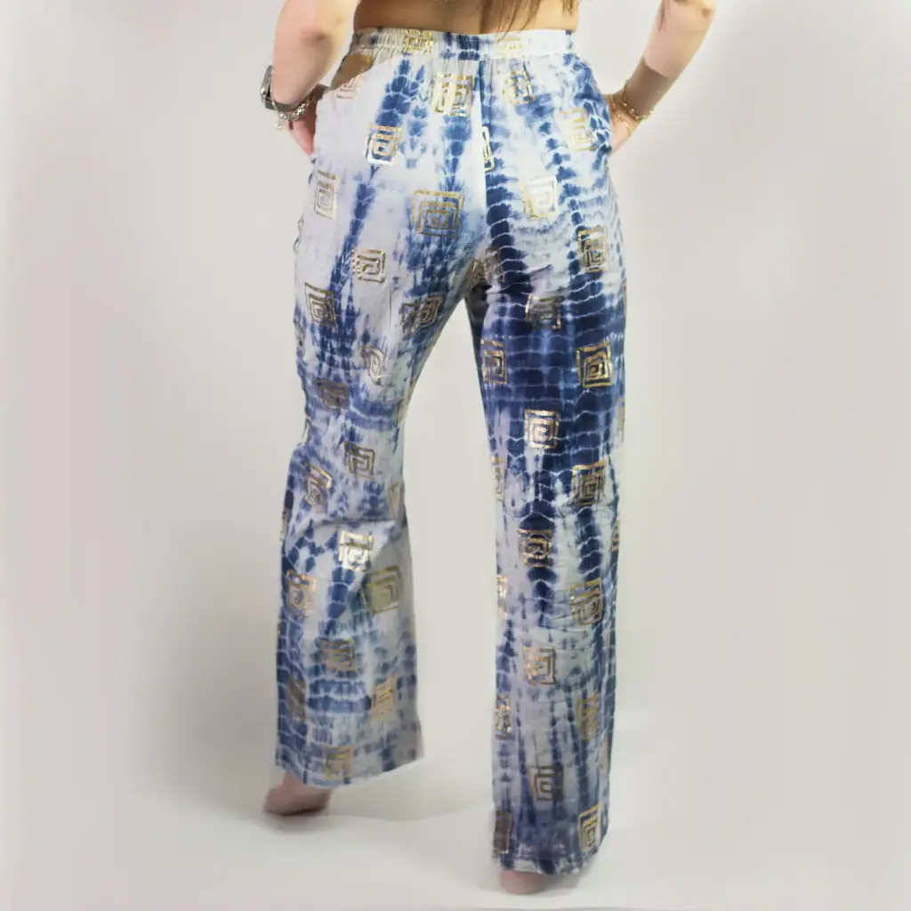 (LXL) Nomad Sari On the Med Collection – Lounge Pants – Gold & Blue Greek Motiff – Handpainted | www.artisangoods.co.uk 3 (LXL) Nomad Sari On the Med Collection – Lounge Pants – Gold & Blue Greek Motiff – Handpainted | www.artisangoods.co.uk 3