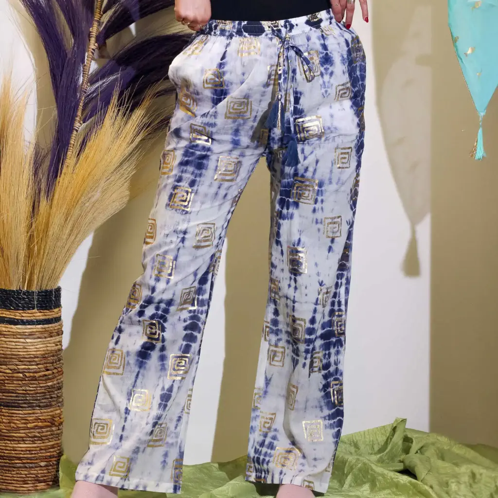 (LXL) Nomad Sari On the Med Collection – Lounge Pants – Gold & Blue Greek Motiff – Handpainted | www.artisangoods.co.uk