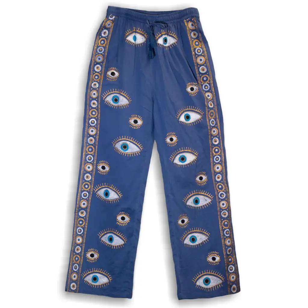 (LXL) Nomad Sari On the Med Collection – Lounge Pants – Rich Blue & Gold Hand Painted Evil Eye Design | www.artisangoods.co.uk 2