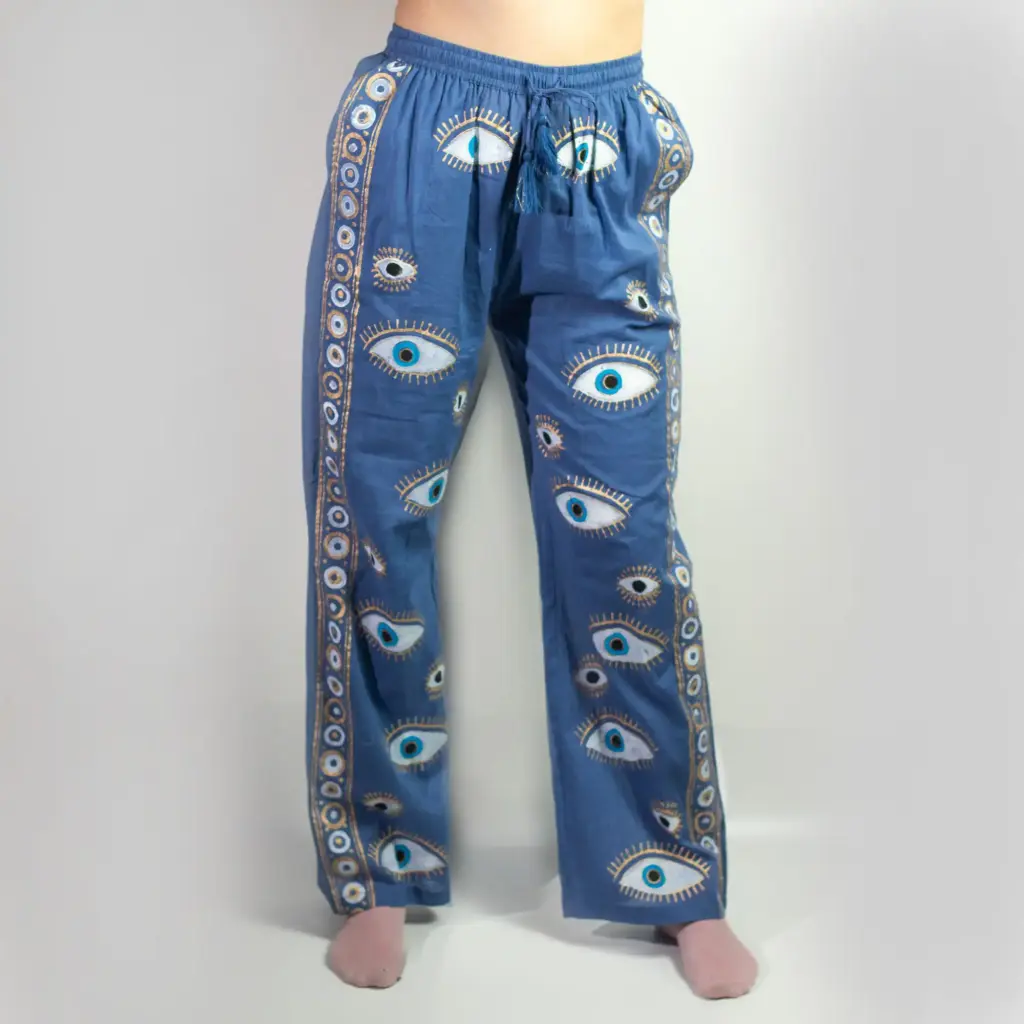 (LXL) Nomad Sari On the Med Collection – Lounge Pants – Rich Blue & Gold Hand Painted Evil Eye Design | www.artisangoods.co.uk