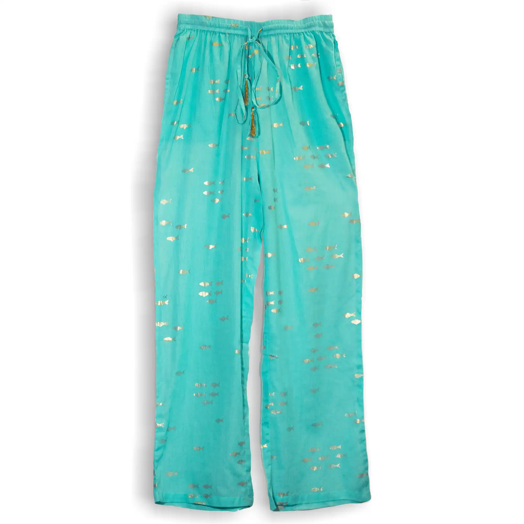 (LXL) Nomad Sari On the Med Collection – Lounge Pants – Turquoise & Gold Fish Design | www.artisangoods.co.uk 4 (LXL) Nomad Sari On the Med Collection – Lounge Pants – Turquoise & Gold Fish Design | www.artisangoods.co.uk 3