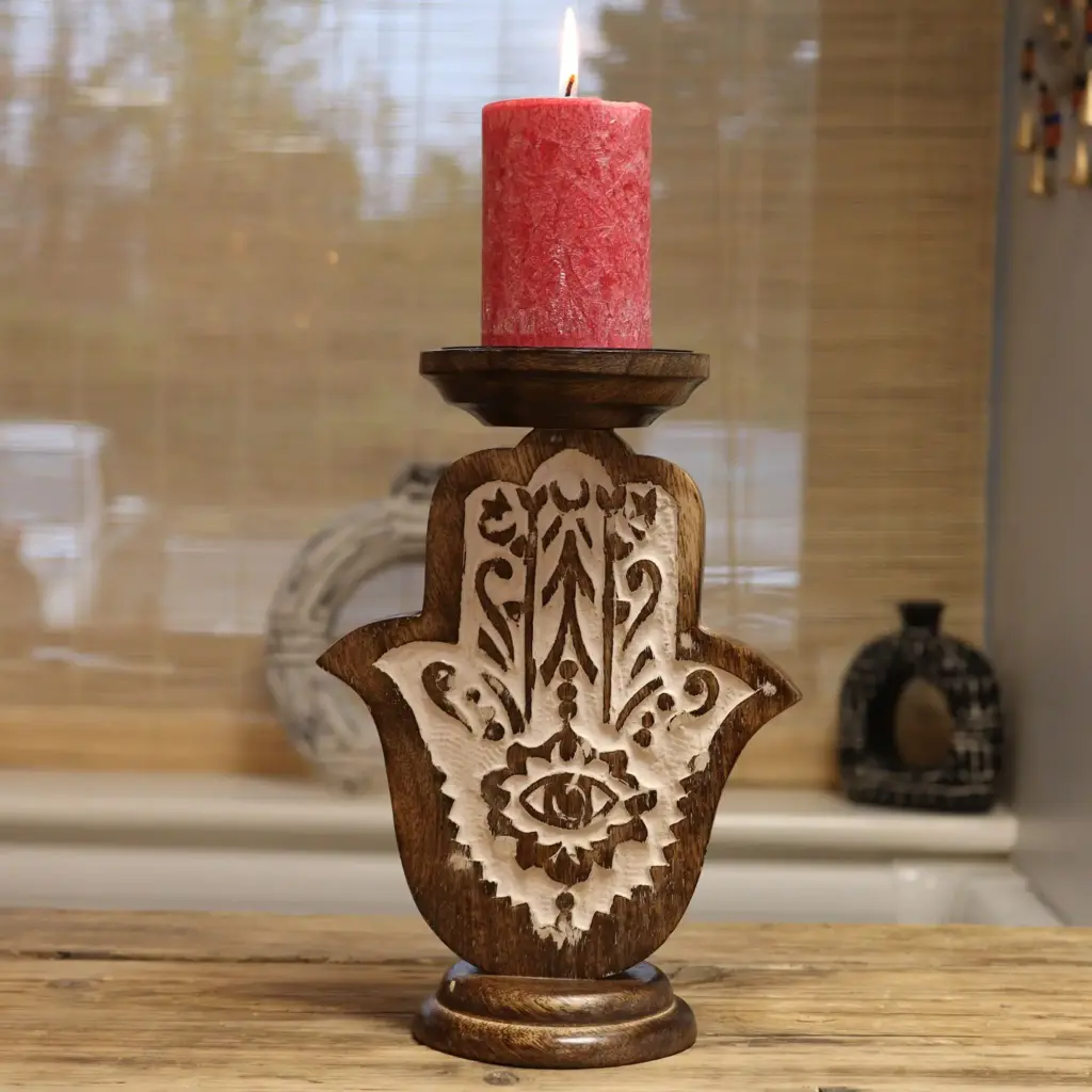 Mango Wood Candle Stand – Hamsa – Large | www.artisangoods.co.uk 5