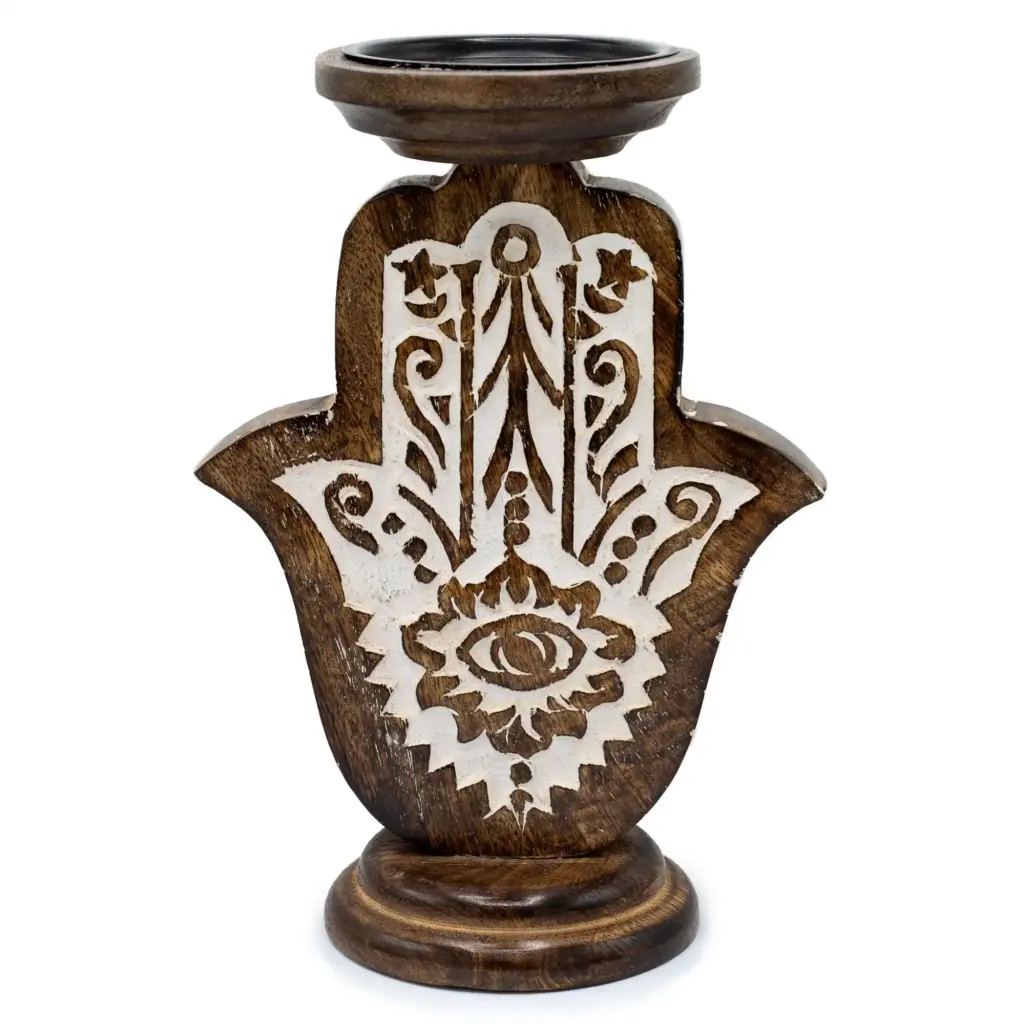 Mango Wood Candle Stand – Hamsa – Large | www.artisangoods.co.uk