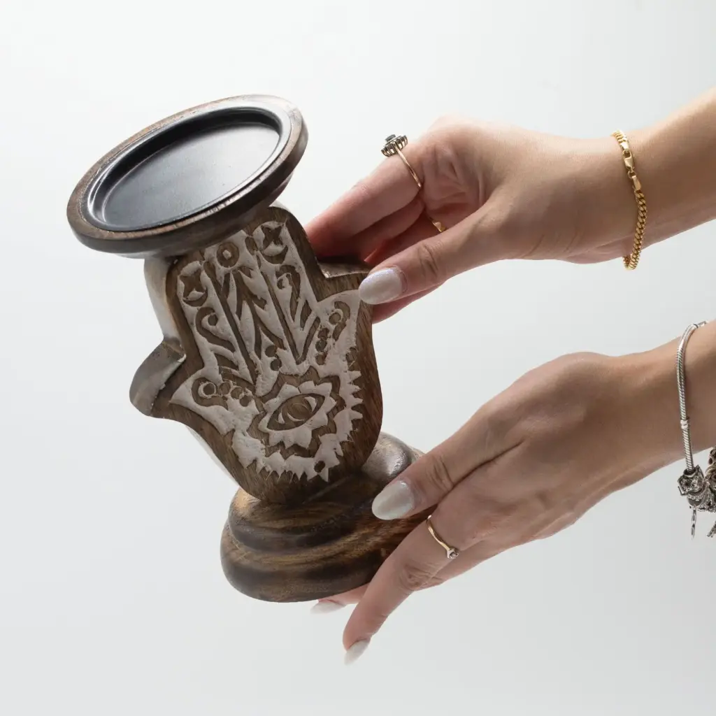 Mango Wood Candle Stand – Hamsa – Small | www.artisangoods.co.uk 5