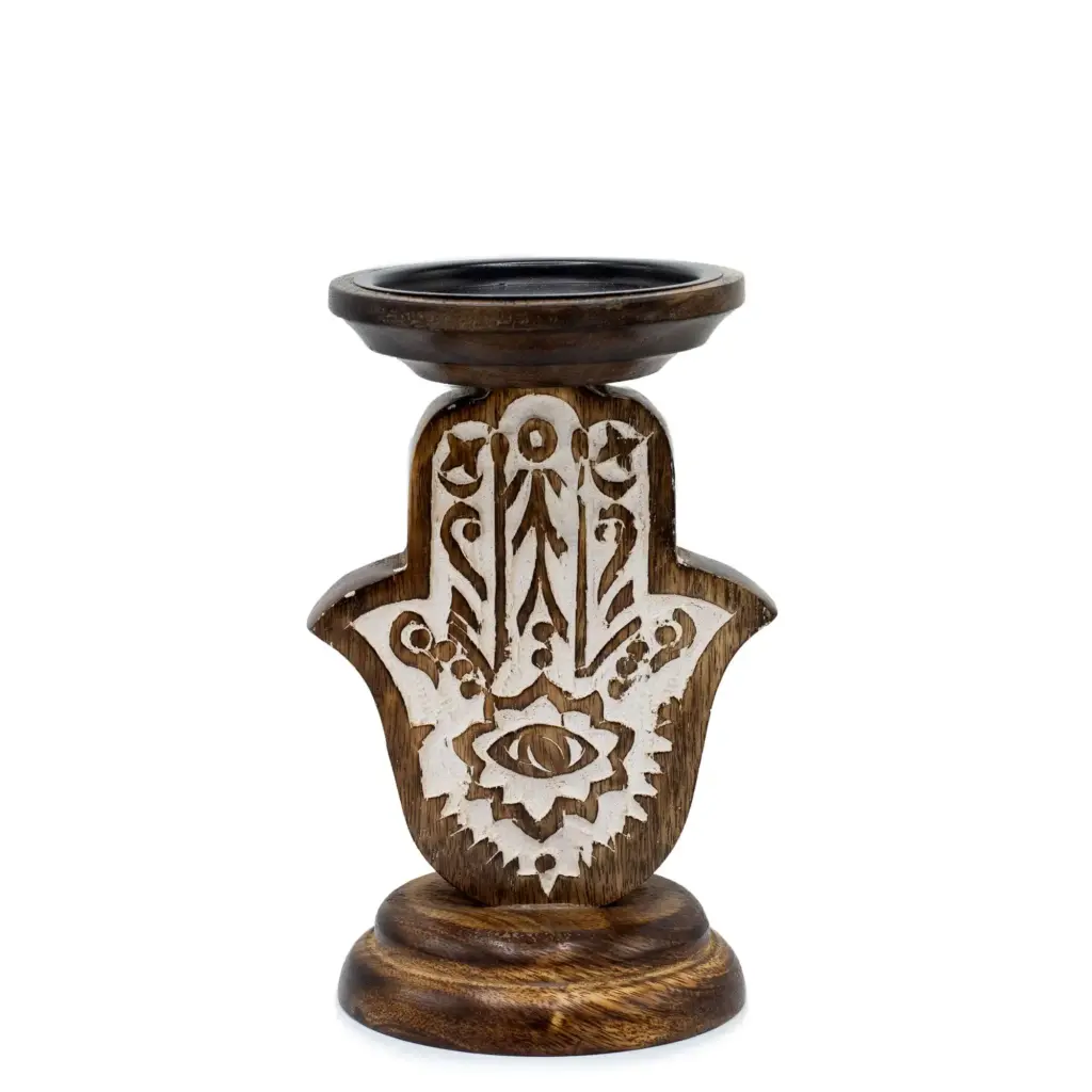 Mango Wood Candle Stand – Hamsa – Small | www.artisangoods.co.uk