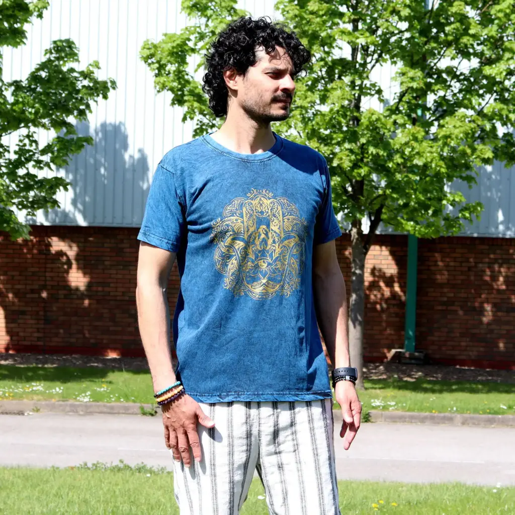 Medium Stone Washed T-Shirt – Hamsa – Blue | www.artisangoods.co.uk 3
