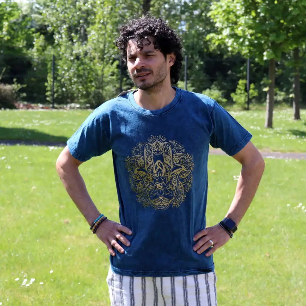 Medium Stone Washed T-Shirt – Hamsa – Blue | www.artisangoods.co.uk 2