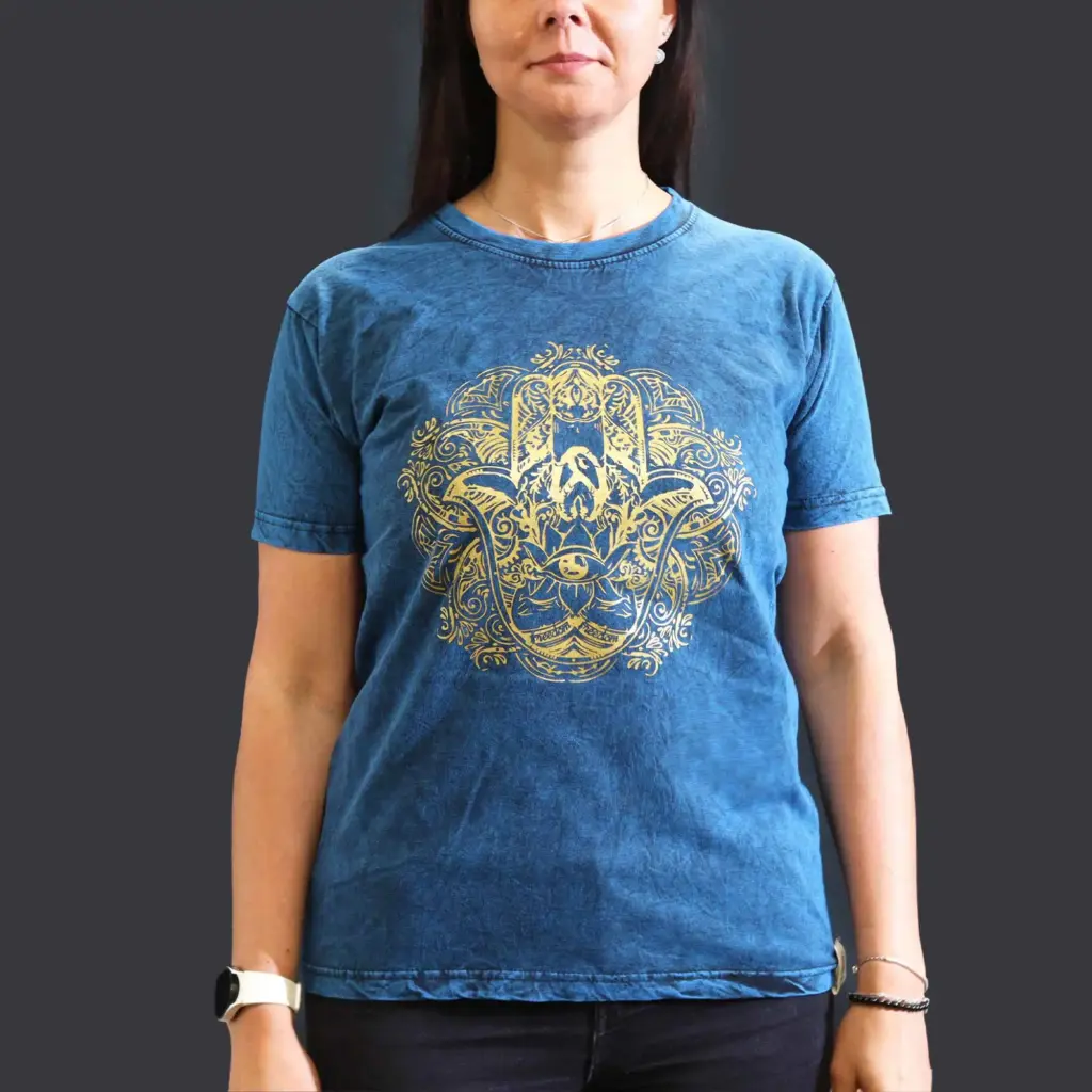 Medium Stone Washed T-Shirt – Hamsa – Blue | www.artisangoods.co.uk