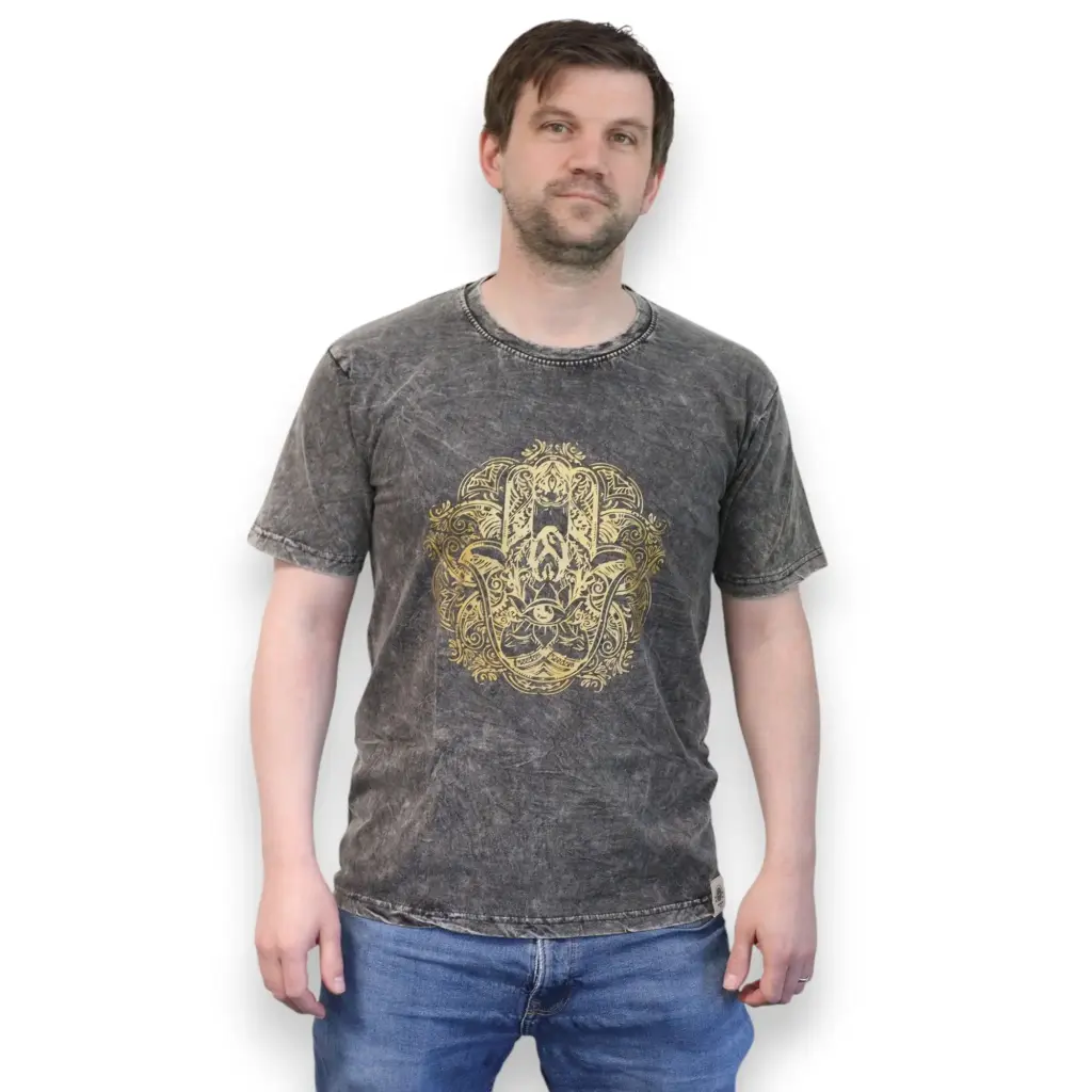 Medium Stone Washed T-Shirt – Hamsa – Dark Grey | www.artisangoods.co.uk
