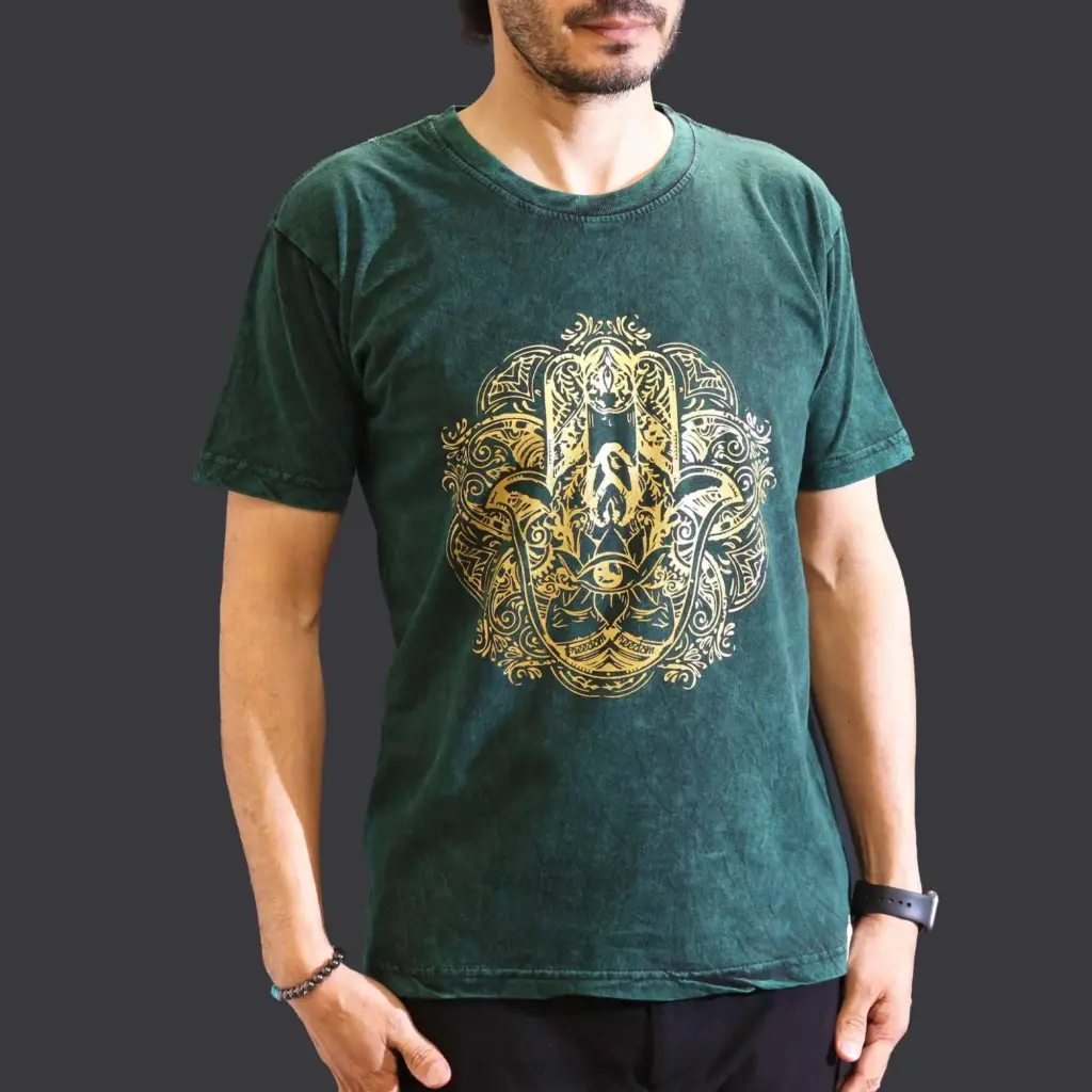 Medium Stone Washed T-Shirt – Hamsa – Green | www.artisangoods.co.uk