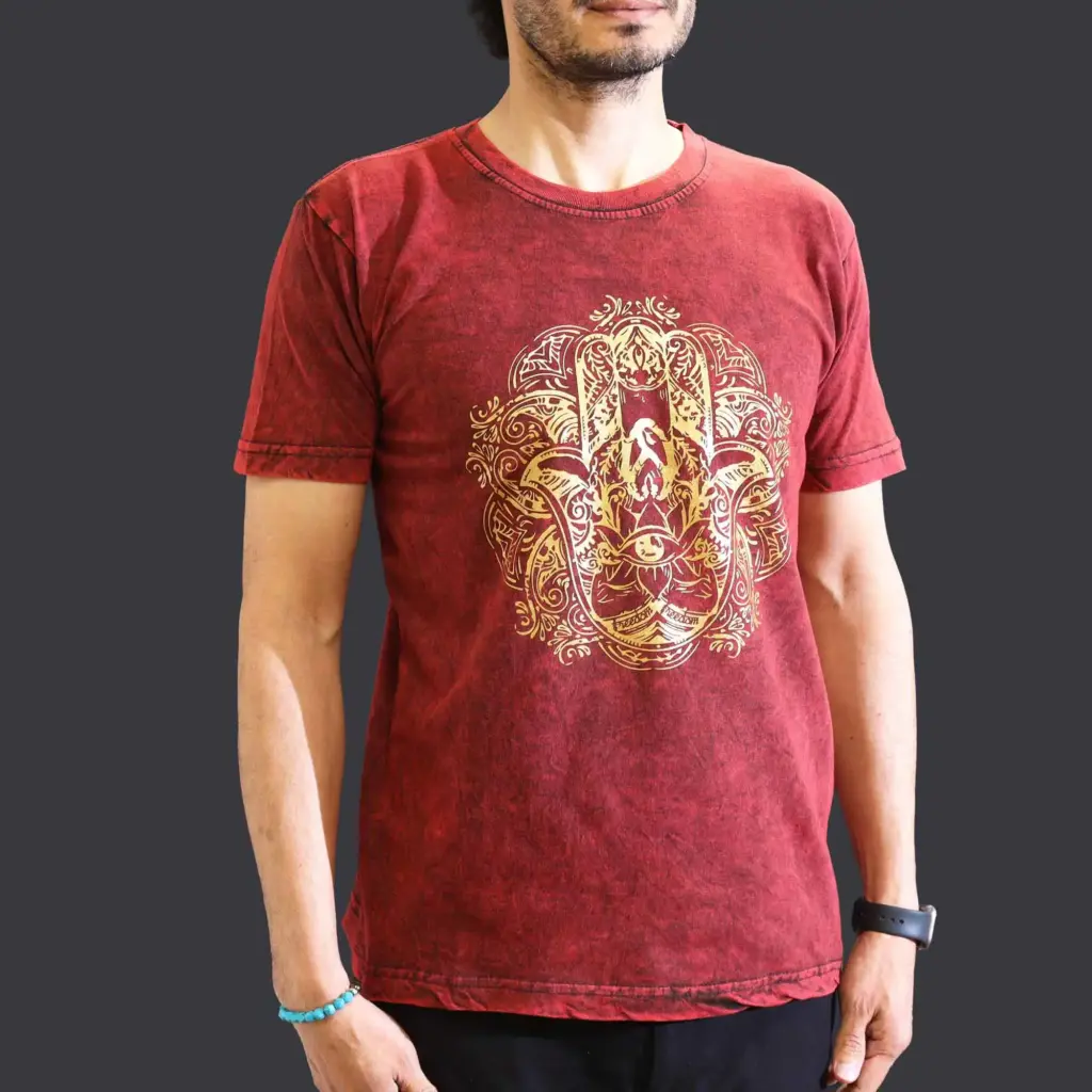 Medium Stone Washed T-Shirt – Hamsa – Maroon | www.artisangoods.co.uk 2