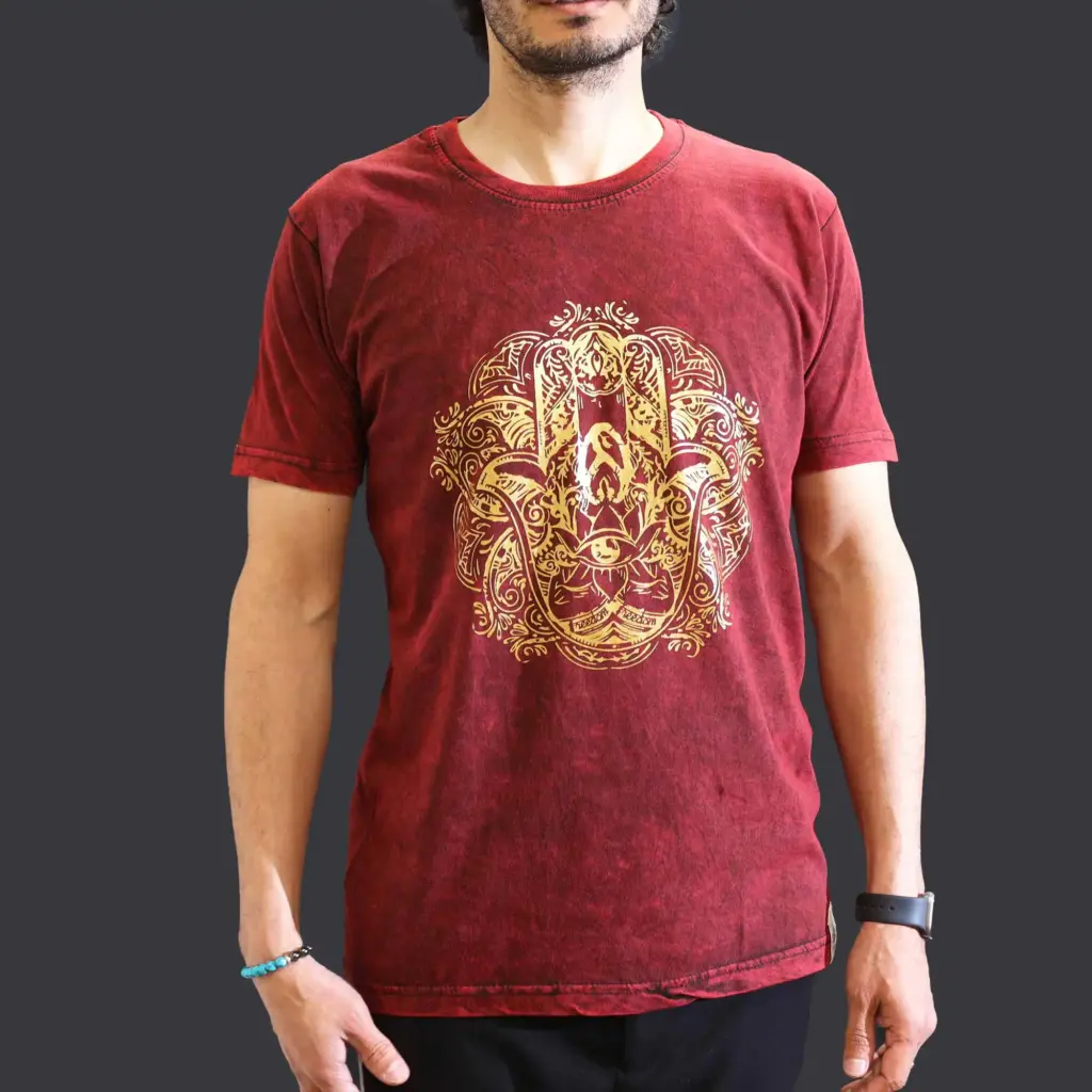 Medium Stone Washed T-Shirt – Hamsa – Maroon | www.artisangoods.co.uk 3