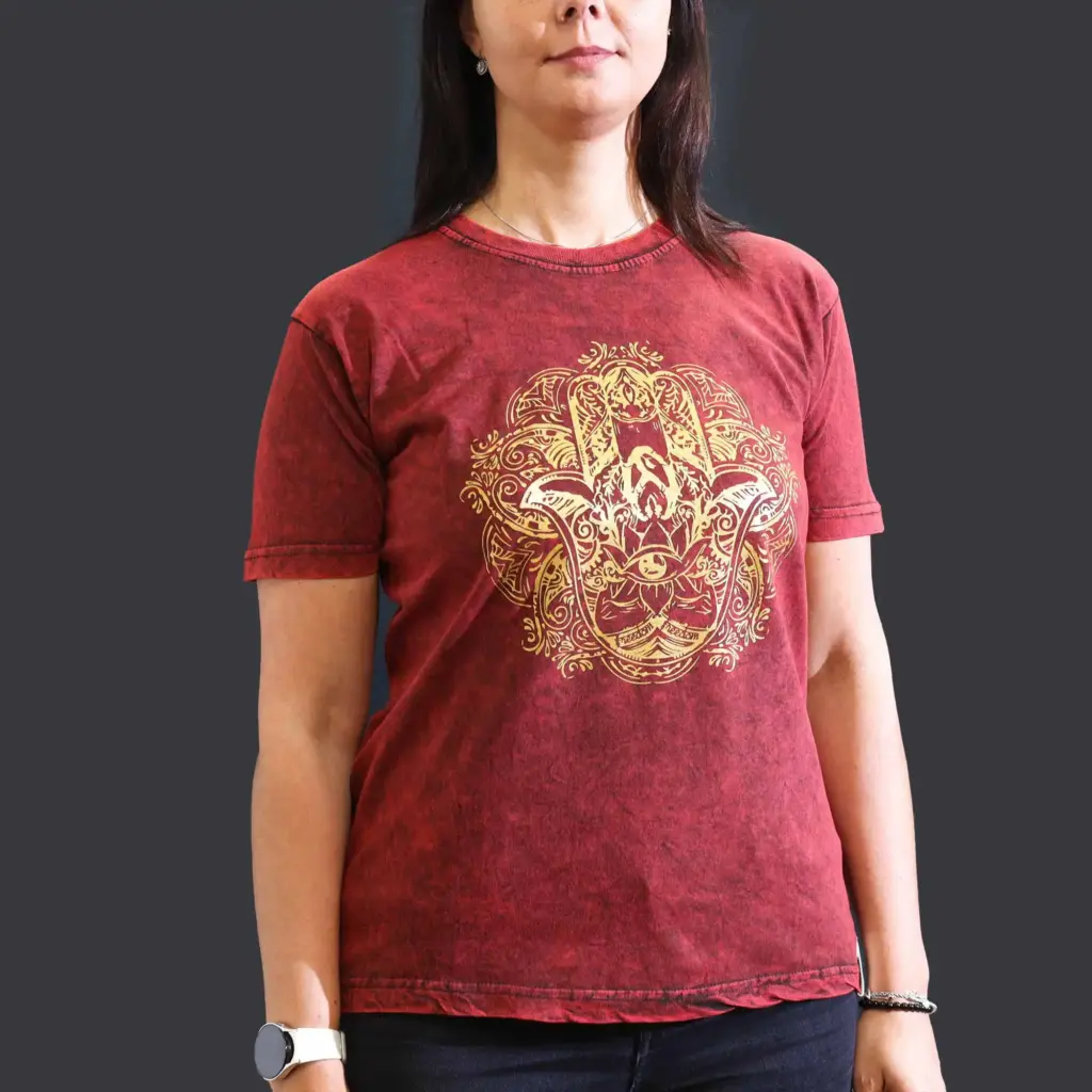 Medium Stone Washed T-Shirt – Hamsa – Maroon | www.artisangoods.co.uk