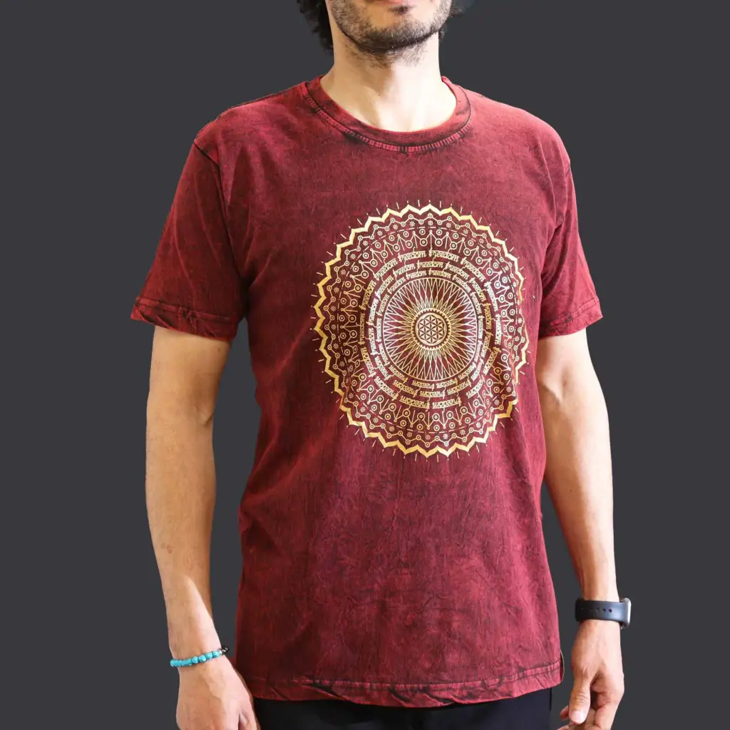 Medium Stone Washed T-Shirt – Mandala – Maroon | www.artisangoods.co.uk