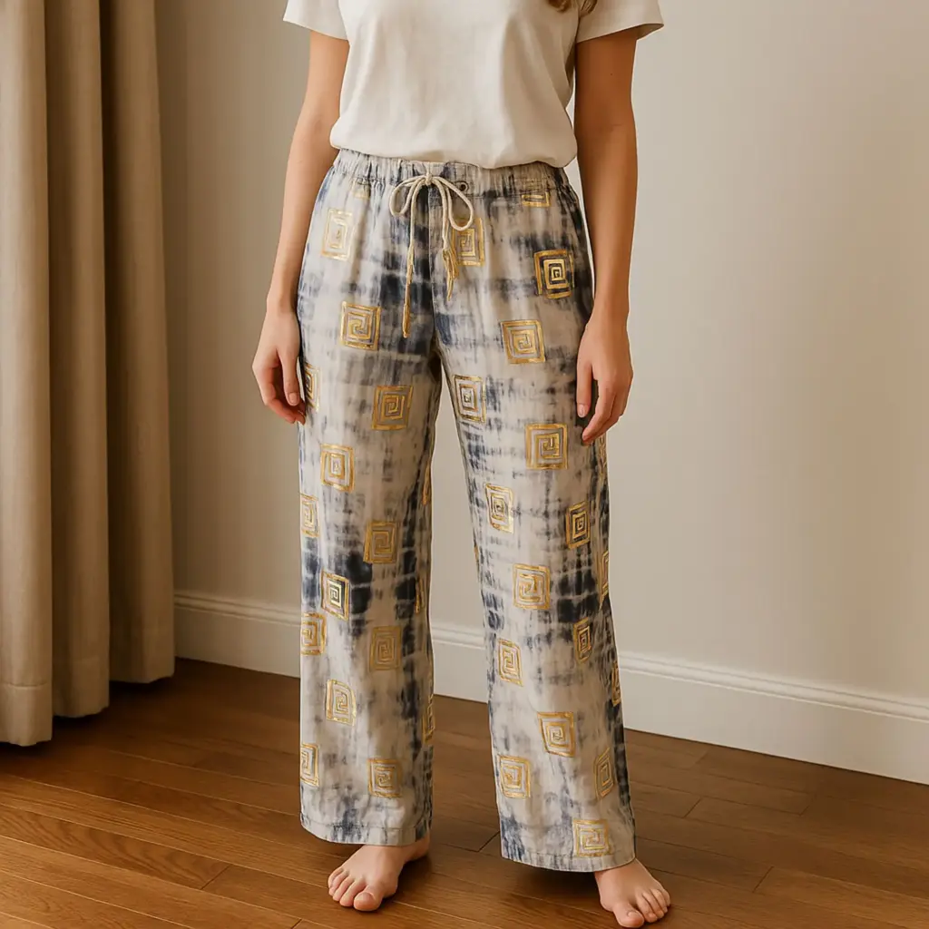 (ML) Nomad Sari On the Med Collection – Lounge Pants – Gold & Blue Greek Motiff – Handpainted | www.artisangoods.co.uk