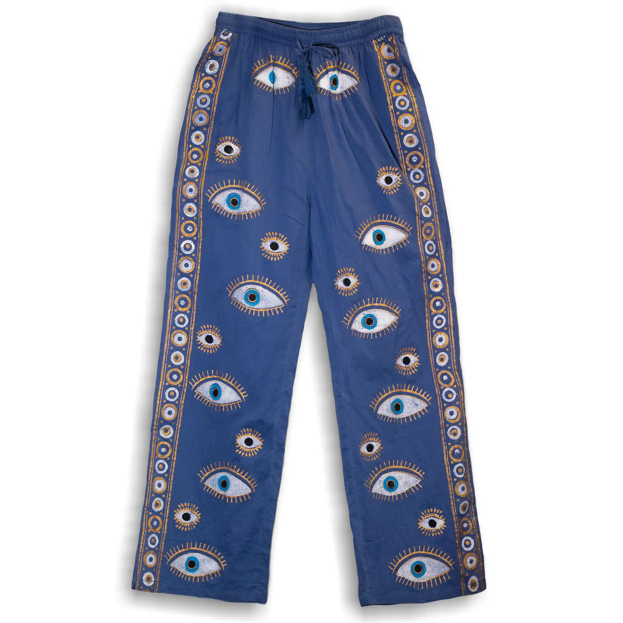 (ML) Nomad Sari On the Med Collection – Lounge Pants – Rich Blue & Gold Hand Painted Evil Eye Design | www.artisangoods.co.uk 5 (ML) Nomad Sari On the Med Collection – Lounge Pants – Rich Blue & Gold Hand Painted Evil Eye Design | www.artisangoods.co.uk 4