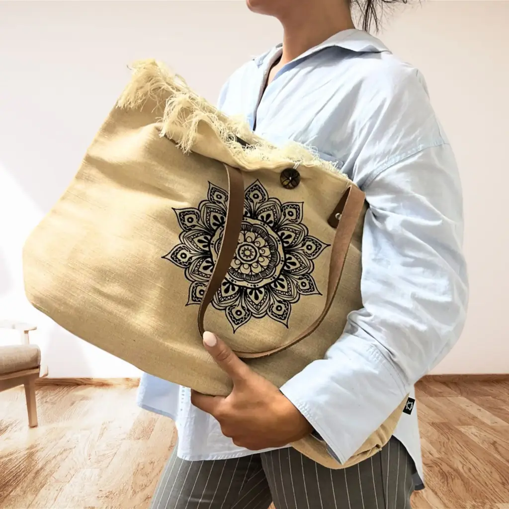 Natural Tote Bag Leather Handle – Flower of Life | www.artisangoods.co.uk 5