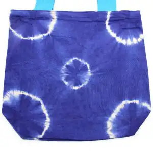 Natural Tye-Dye Cotton Bag (8oz) – 38x42x12cm – Blue Rings – Blue Handle | www.artisangoods.co.uk 1