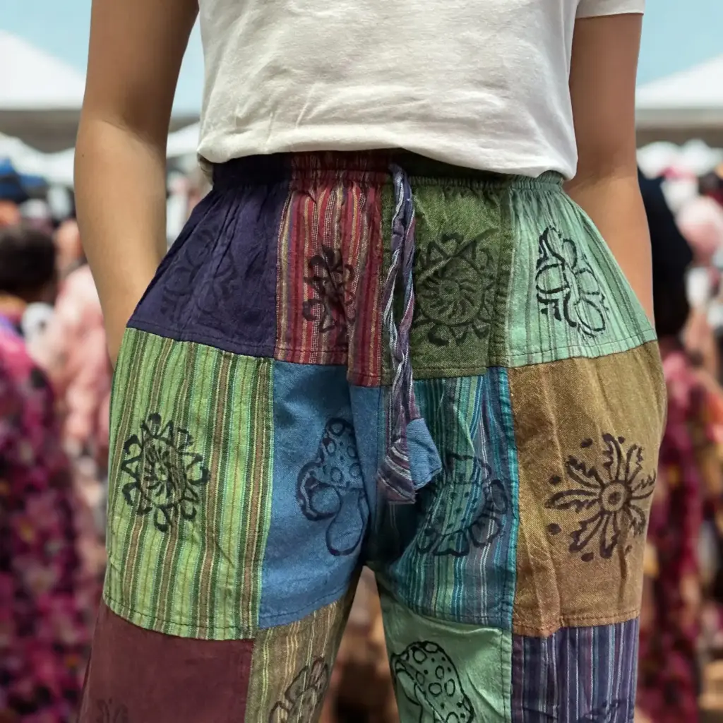 Nomad Sari – Mushroom Pants – Block Print Designs -Green Tones S/M | www.artisangoods.co.uk 2